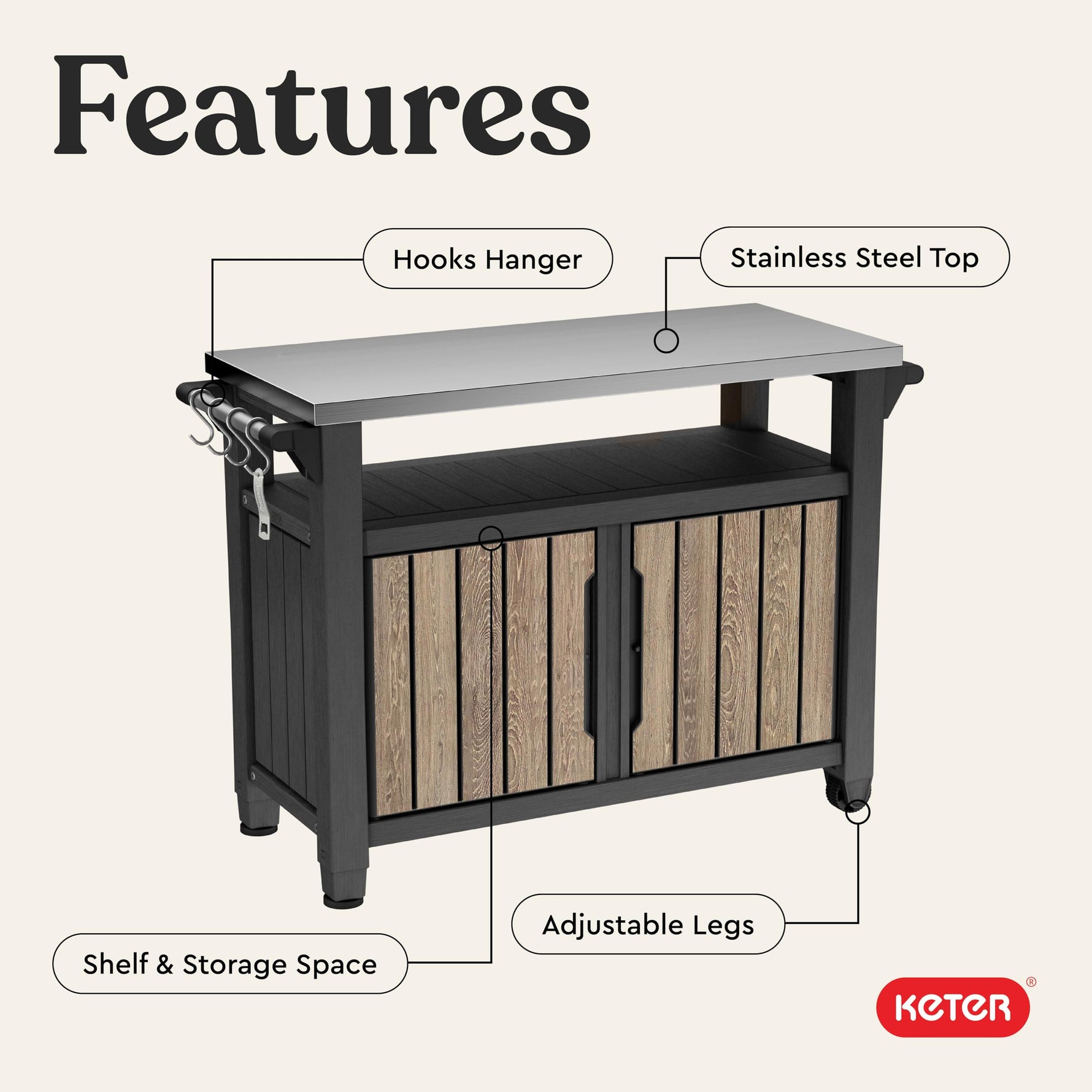 Keter Unity XL Portable Outdoor Table with Stainless Steel Top for Kitchen Prep and Outdoor Storage Cabinet for Grilling Accessories, Dark Grey