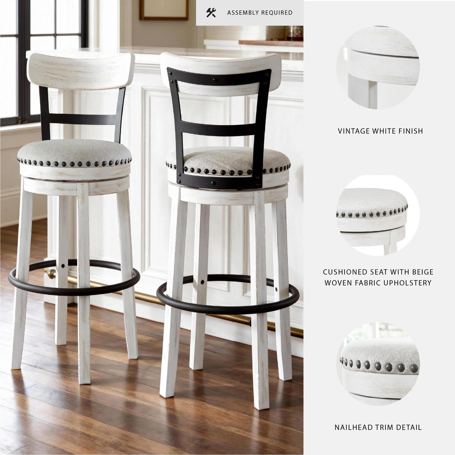 Signature Design by Ashley Valebeck Upholstered Swivel Stool, Cushioned Seat, Woven Fabric Upholstery, Wood, 24" H, Brown & Black