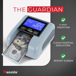 Cassida Quattro Fast Automatic Currency Counterfeit Detector with Advanced Sensors (UV,MG,IR,MT,Thickness,Size) - All-Orientation Feeding - Rechargeable Battery - 3.5" Value (Pass/Fail + UV/MG)