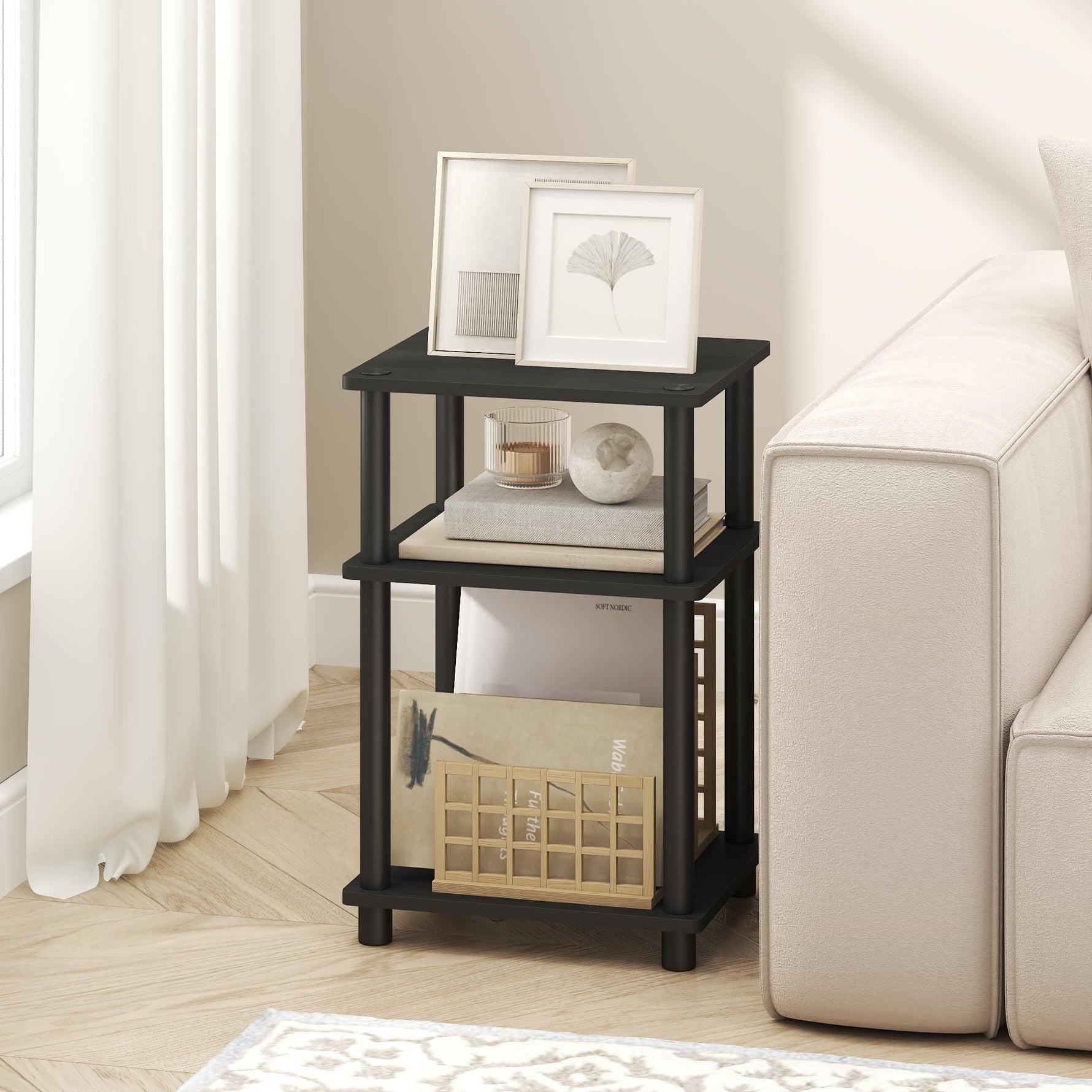 Furinno JUST Side Table, 3-Tier End Table, Open Shelves Night Stand, Bedside Table, Toolless Assembly, for Living Room, Bedroom, Bathroom, Columbia Walnut