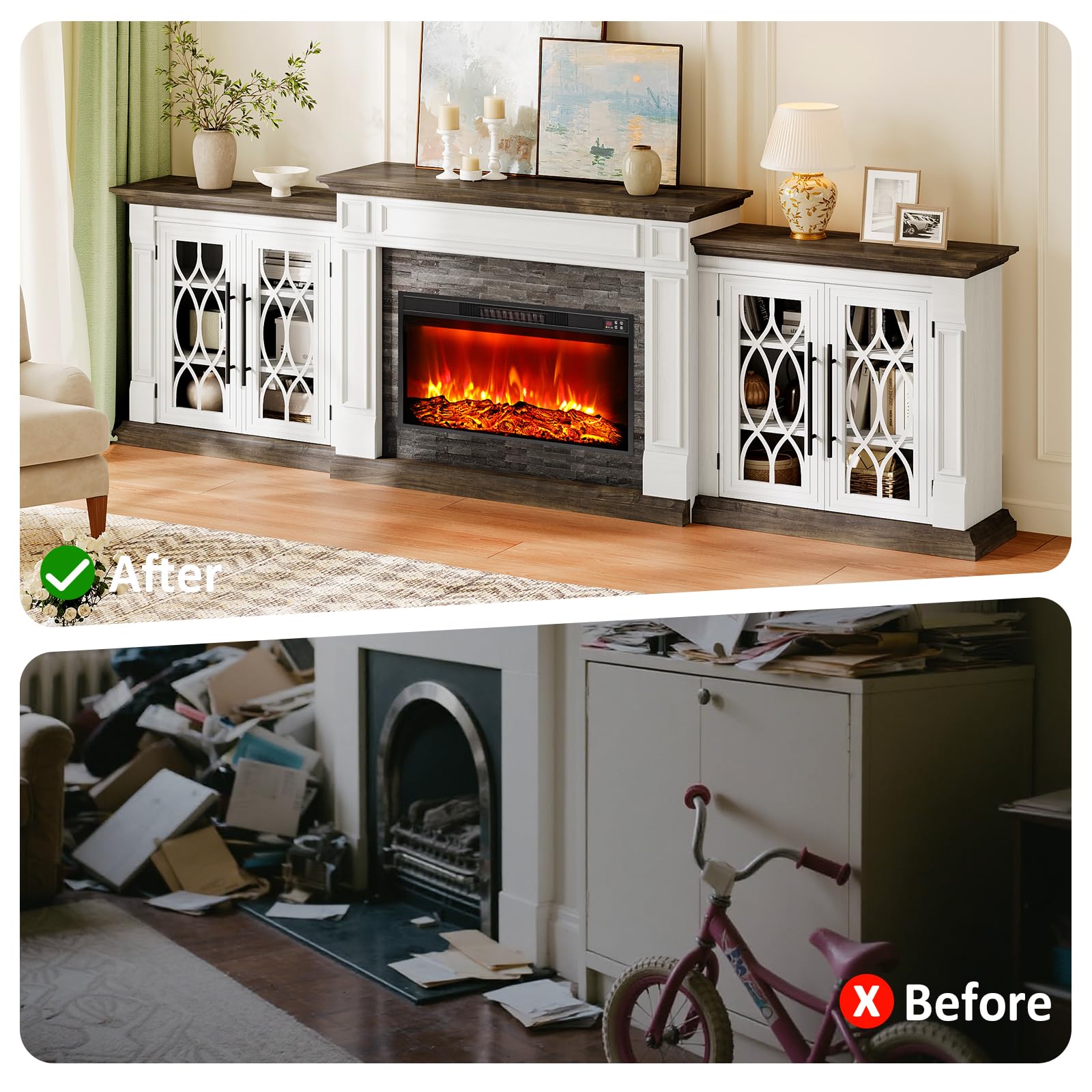 Naice 72" Electric Fireplace with Mantel and Cabinets, Fireplace TV Stand for Living Room Bedroom, Stacked Stone Surround and Remote Control 3D Realistic Flame, Black