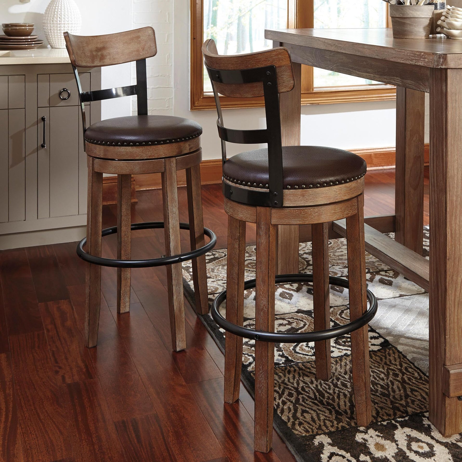 Signature Design by Ashley Valebeck Upholstered Swivel Stool, Cushioned Seat, Woven Fabric Upholstery, Wood, 24" H, Brown & Black
