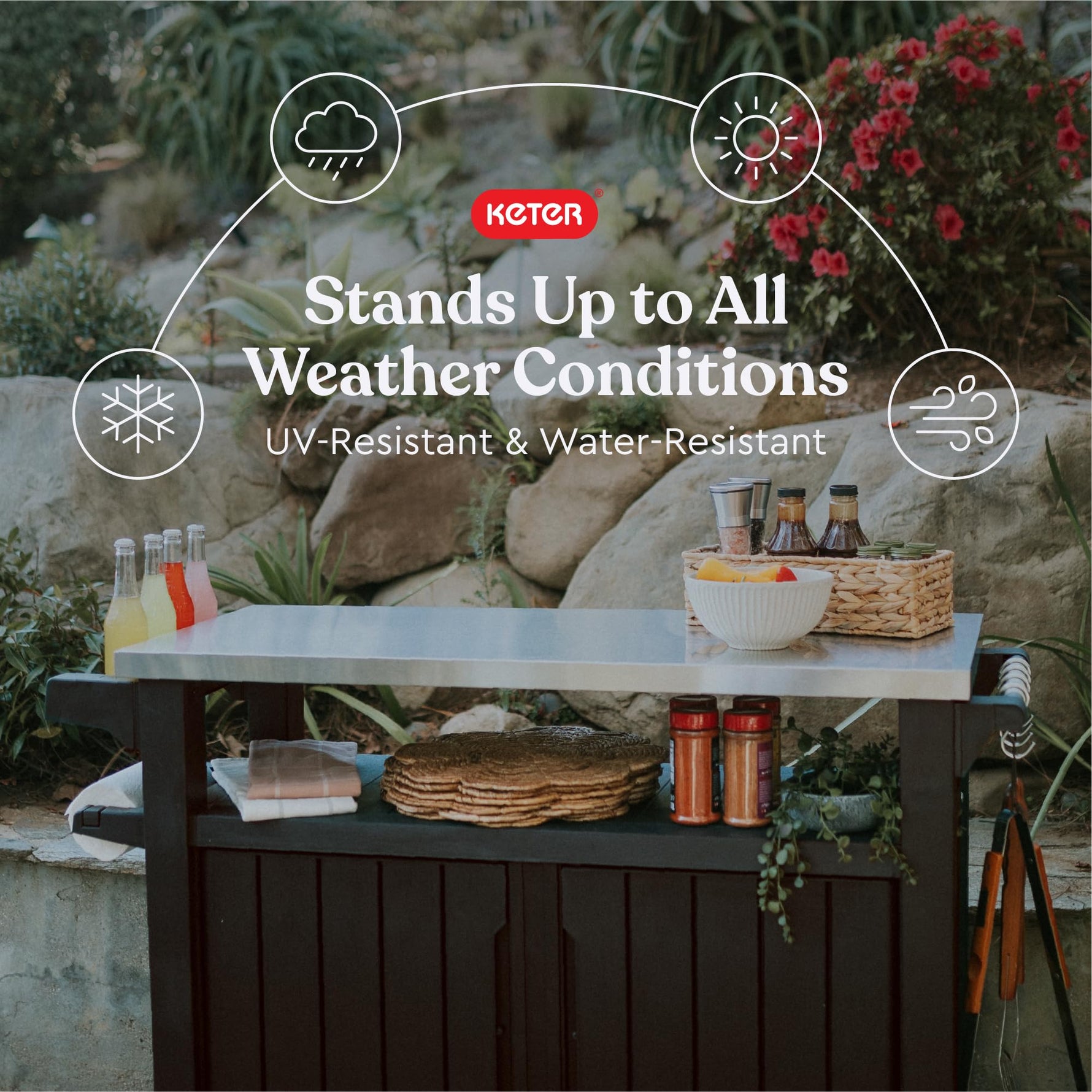 Keter Unity XL Portable Outdoor Table with Stainless Steel Top for Kitchen Prep and Outdoor Storage Cabinet for Grilling Accessories, Dark Grey