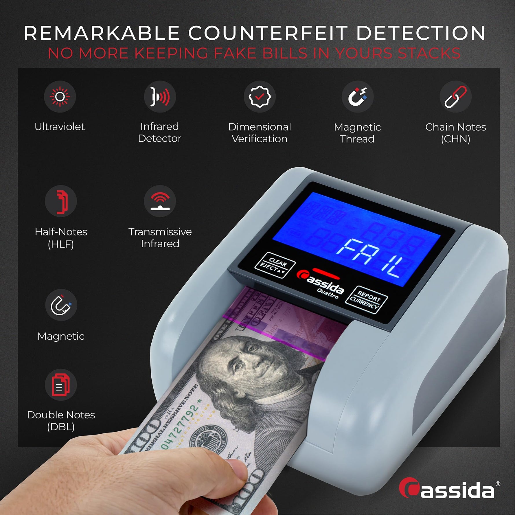 Cassida Quattro Fast Automatic Currency Counterfeit Detector with Advanced Sensors (UV,MG,IR,MT,Thickness,Size) - All-Orientation Feeding - Rechargeable Battery - 3.5" Value (Pass/Fail + UV/MG)