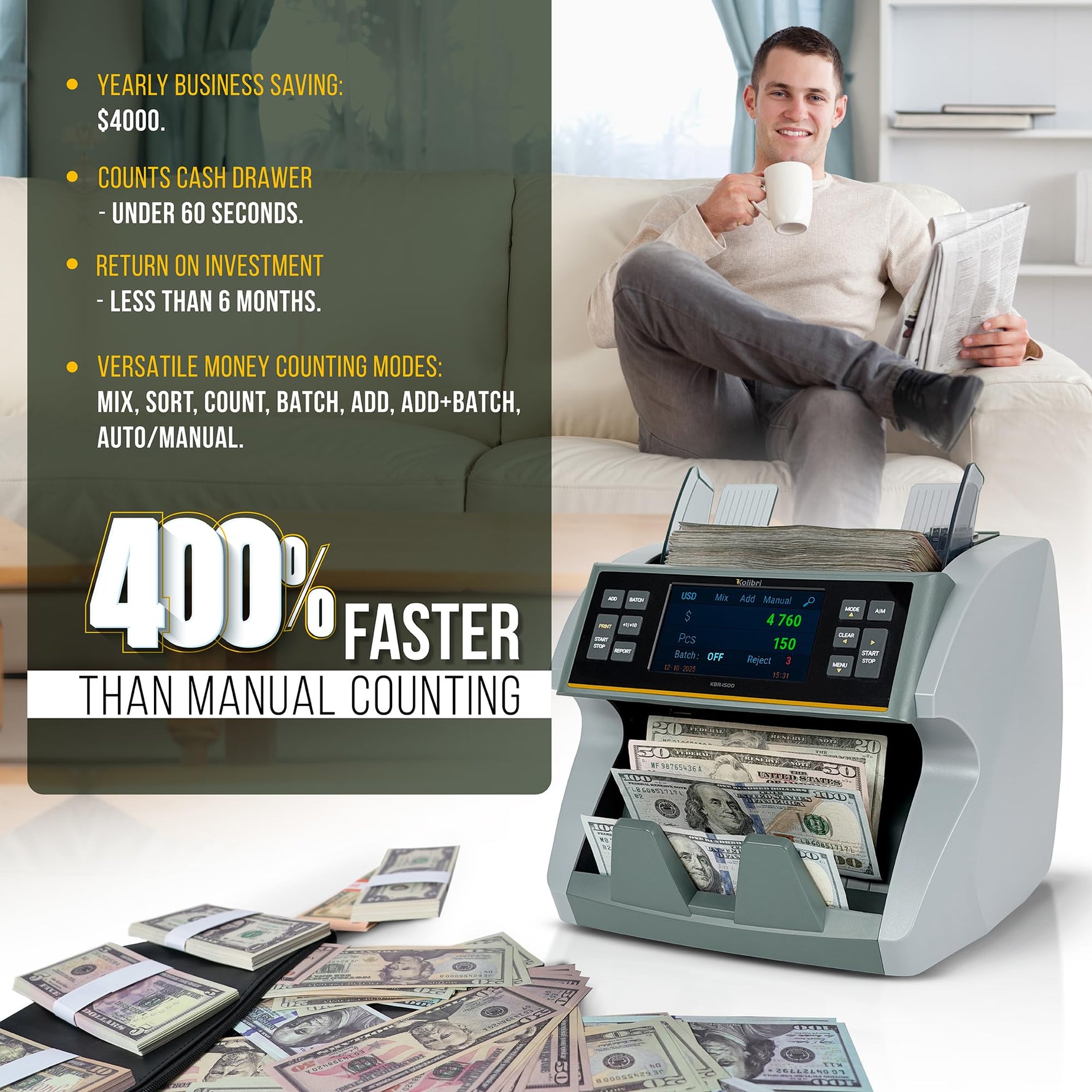 KOLIBRI Money Counter Machine I LCD Display I Business Grade I Advanced IR/UV/MG/MT/DD/HLF Detection I Mixed Denomination (USD) I 1,200 Notes/Min I 3-Year Warranty I KBR-1500 V2