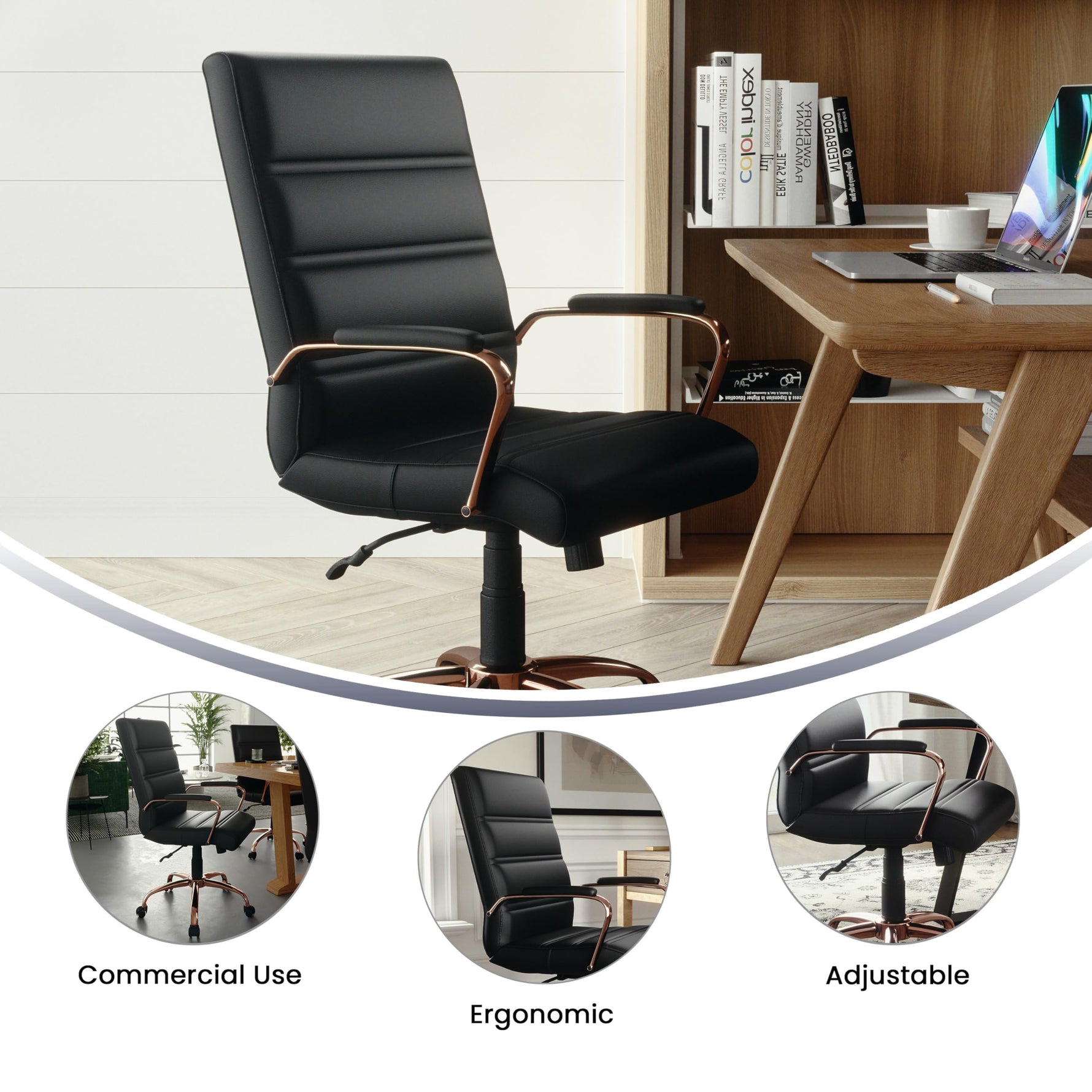 Flash Furniture Whitney Mid-Back Swivel LeatherSoft Desk Chair with Wheels, Padded Seat and Armrests, Adjustable Height Padded Office Chair, Black