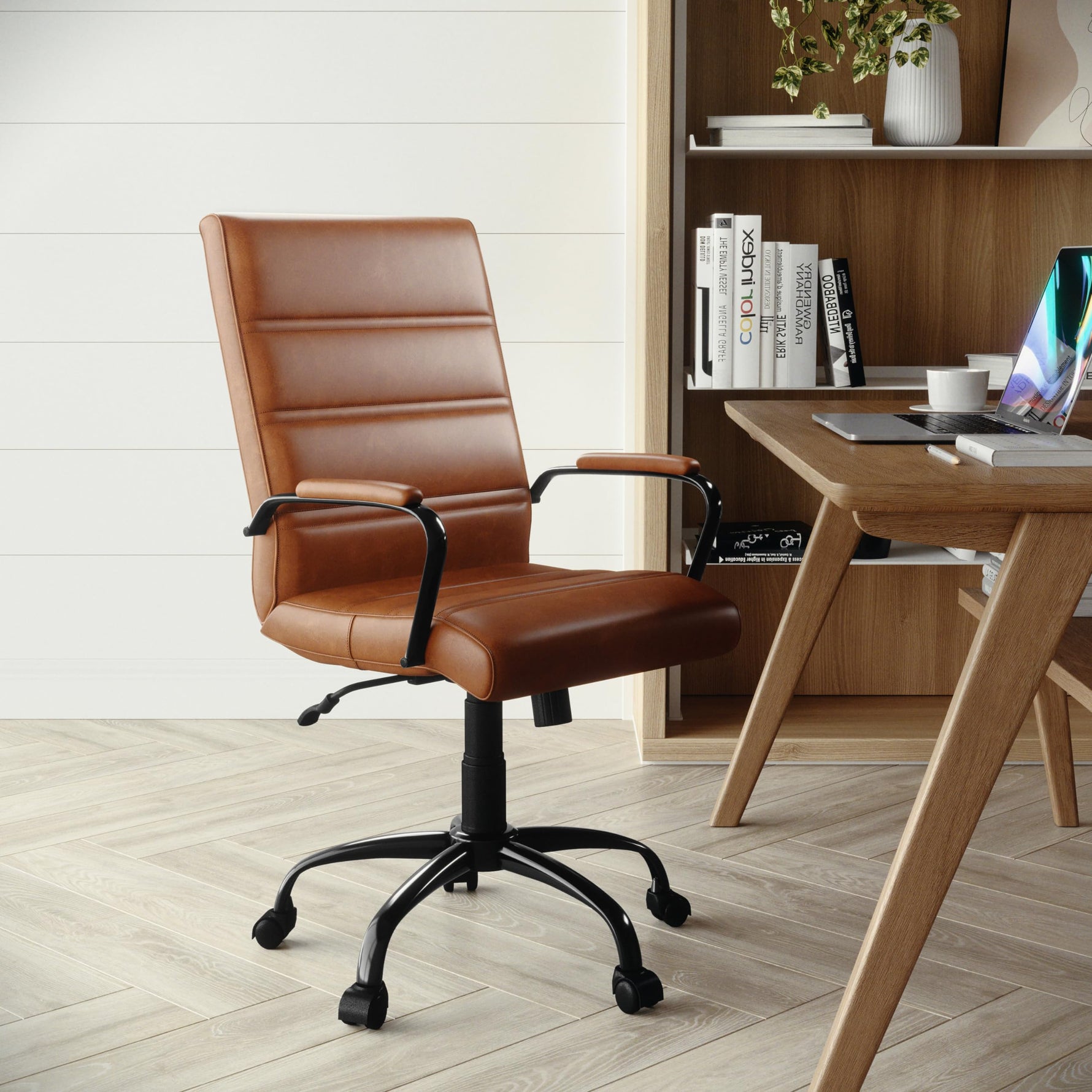 Flash Furniture Whitney Mid-Back Swivel LeatherSoft Desk Chair with Wheels, Padded Seat and Armrests, Adjustable Height Padded Office Chair, Black