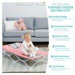 Regalo My Cot® Pals Portable Toddler Bed with Fitted Sheet & Pillow, Foldable Kids Travel Bed & Camping Cot, Cat Design, Ages 2–5, 46.5” x 24” x 9.5”, Pink
