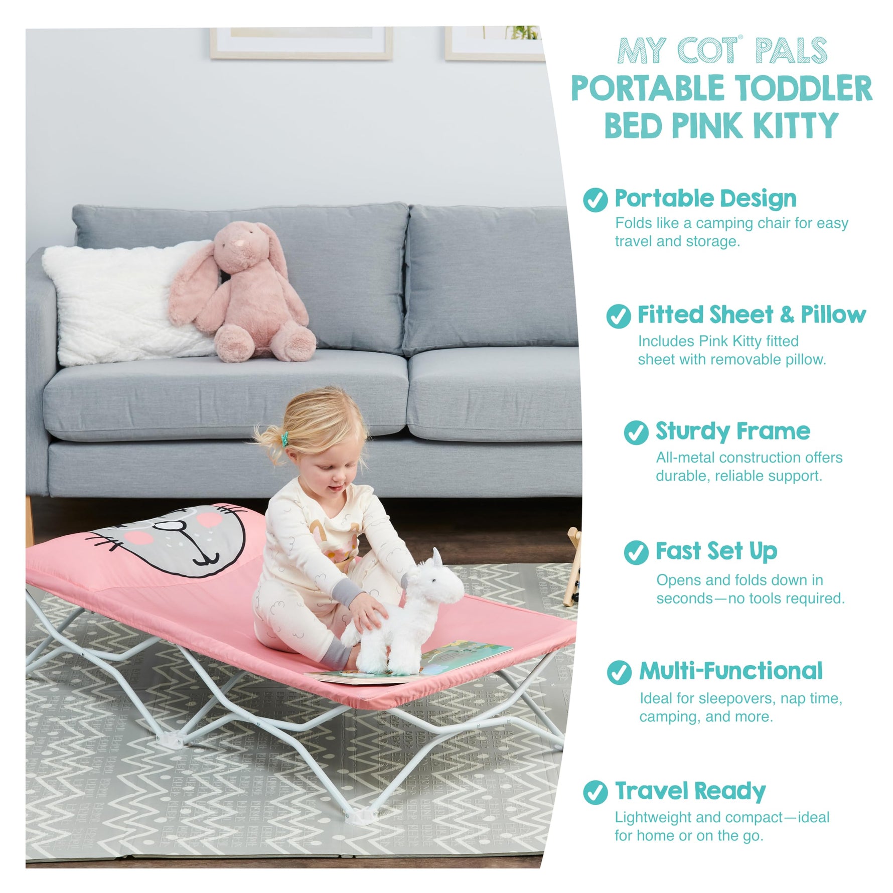 Regalo My Cot® Pals Portable Toddler Bed with Fitted Sheet & Pillow, Foldable Kids Travel Bed & Camping Cot, Cat Design, Ages 2–5, 46.5” x 24” x 9.5”, Pink