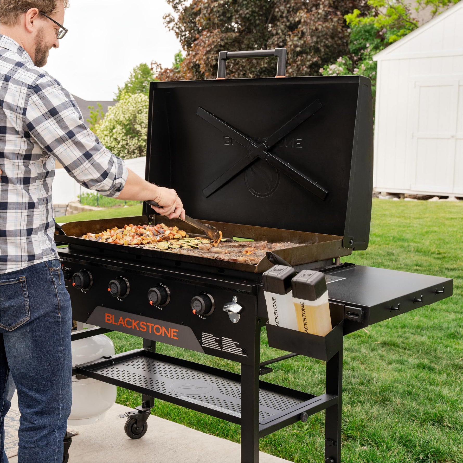 Blackstone Original 36" Griddle, Portable Outdoor Grill with Built-In Hood, Black - Includes Extendable Side Shelves and Caster Wheels