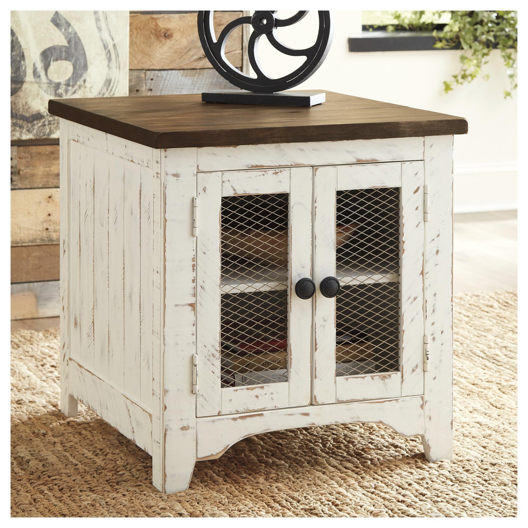 Signature Design by Ashley Wystfield Farmhouse End Table with Storage, Distressed White & Brown Finish
