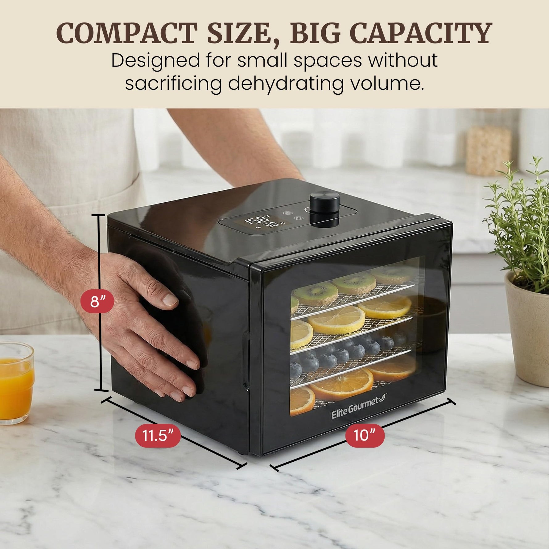 Elite Gourmet Food Dehydrator, Stainless Steel Trays Food Dehydrator, Adjustable Temperature Controls, Jerky Herbs Fruit Veggies Snacks