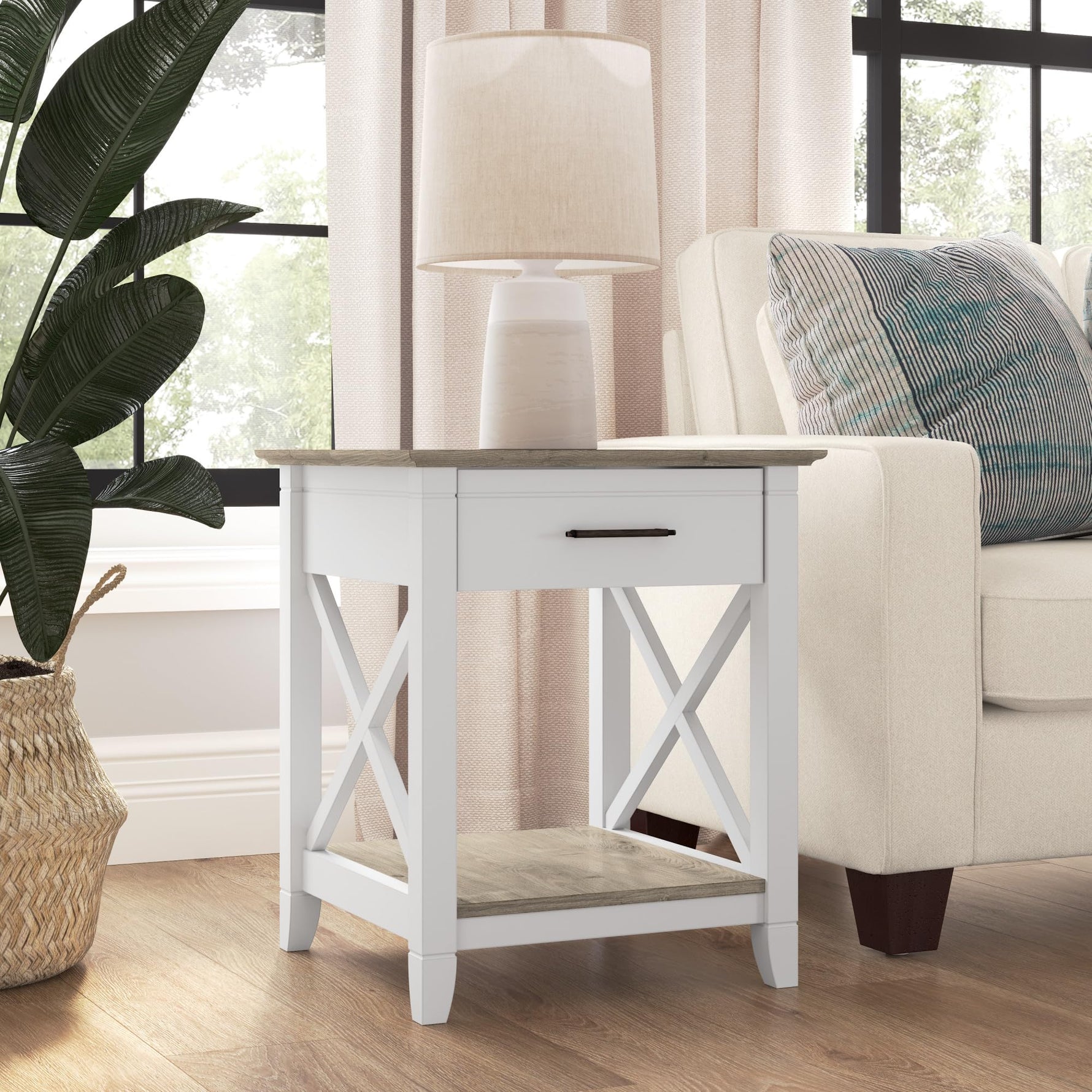 Bush Home End Table with Drawer, Nightstand with Storage, Living Room and Bedroom Furniture, Key West Collection, Washed Gray