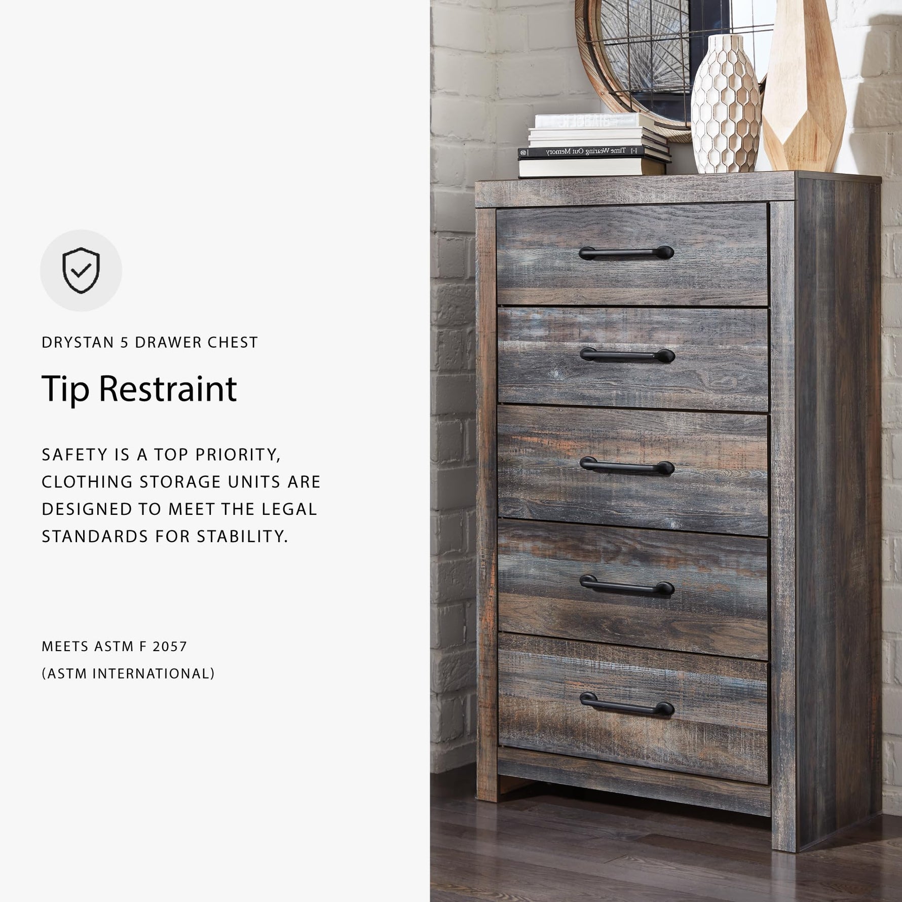 Signature Design by Ashley Cayboni Vintage 5 Drawer Wide Chest with Safety Stop for Bedroom, White