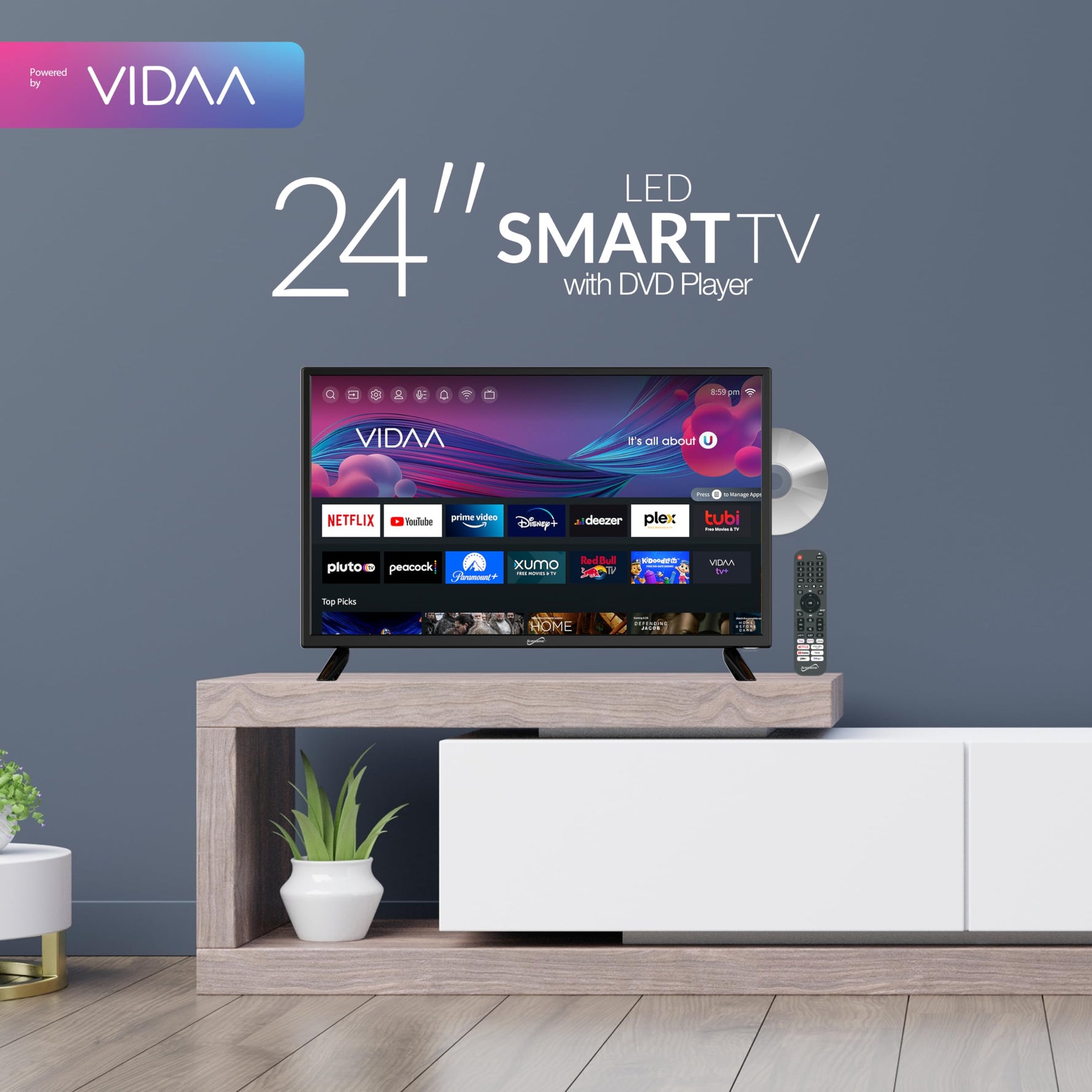 Supersonic SC-2426SDVD 24-inch LED Smart HDTV w/DVD Player, ATSC & NTSC System, 3X HDMI, 1080p, WiFi, USB, Multi Language OSD, AC/DC Compatible for Home, Kitchen, or RV Camper, DC Car Cord Included