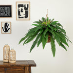 Nearly Natural 22in Artificial Boston Fern Hanging Basket Fake Plants Indoor Home Decor Faux Greenery for Bedroom Living Room Porch Office