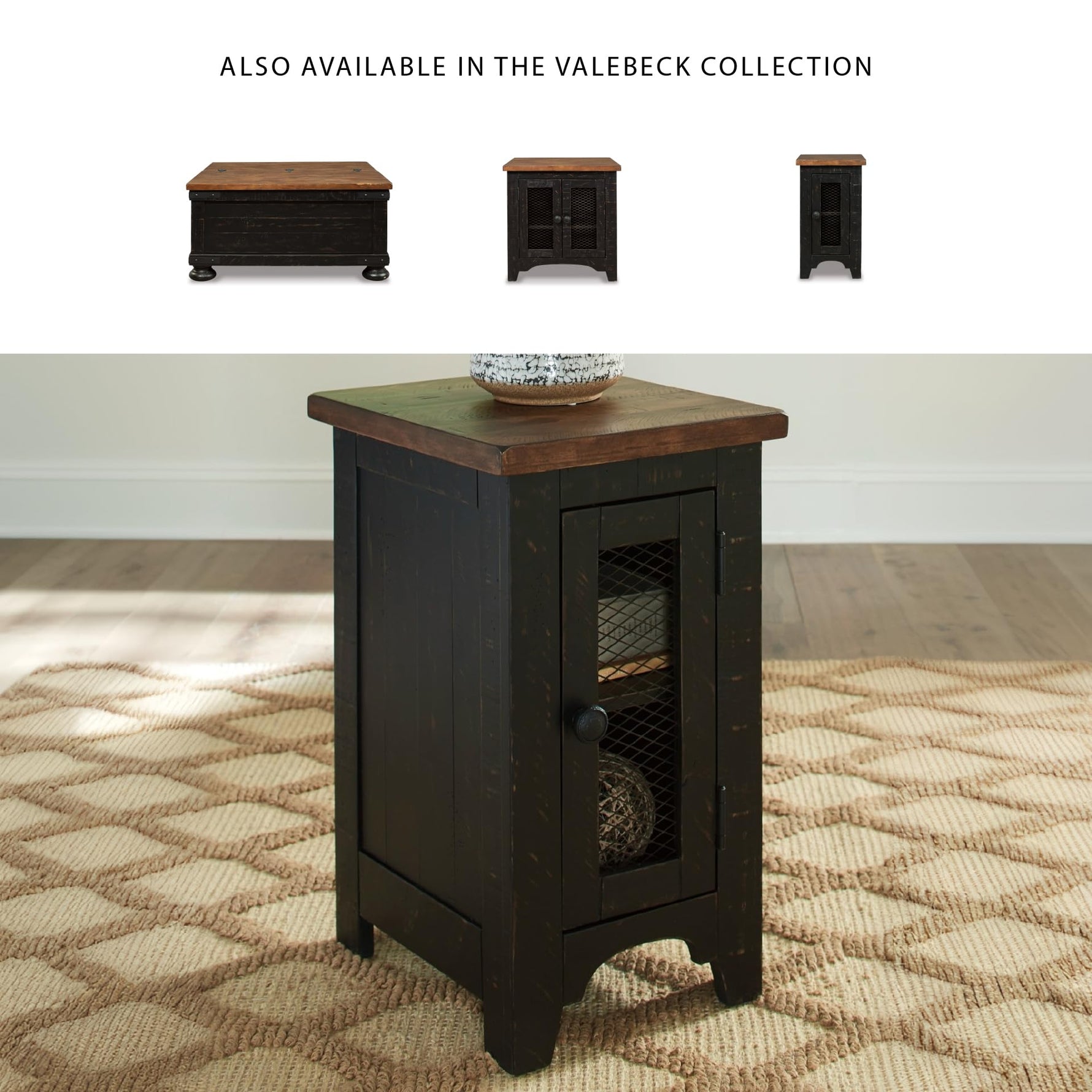 Signature Design by Ashley Valebeck Rustic Farmhouse Chair Side End Table with Cabinet Door, Distressed Black