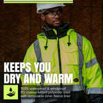 Pioneer Hi Vis Safety Bomber for Men - Waterproof, Reflective, ANSI Class 3, Winter Rain Jacket with Detachable Hood