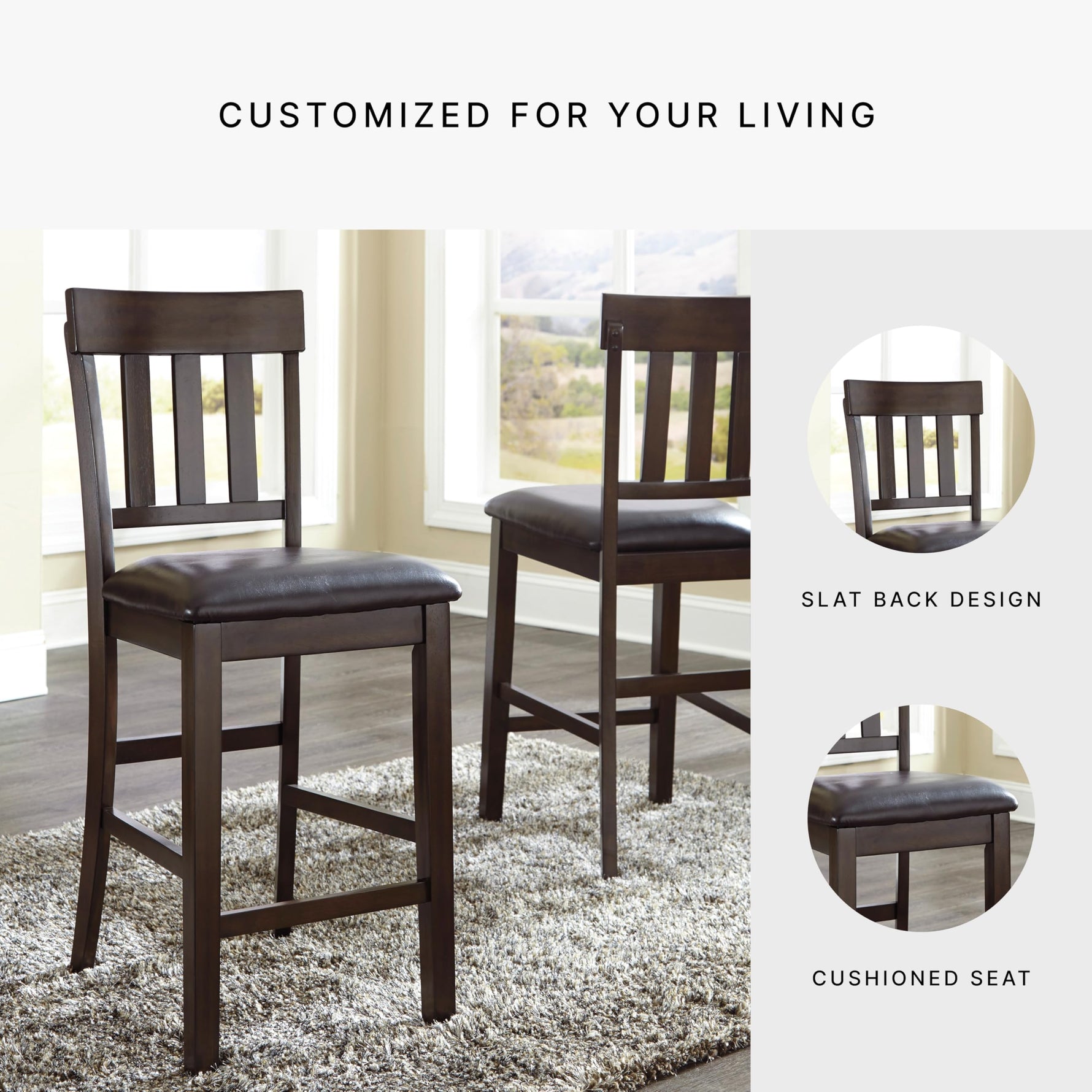Signature Design by Ashley Haddigan Upholstered Barstool, 2 Count, Slat Back Design, Cushioned Seat, Wood, 25.5" H, Dark Brown