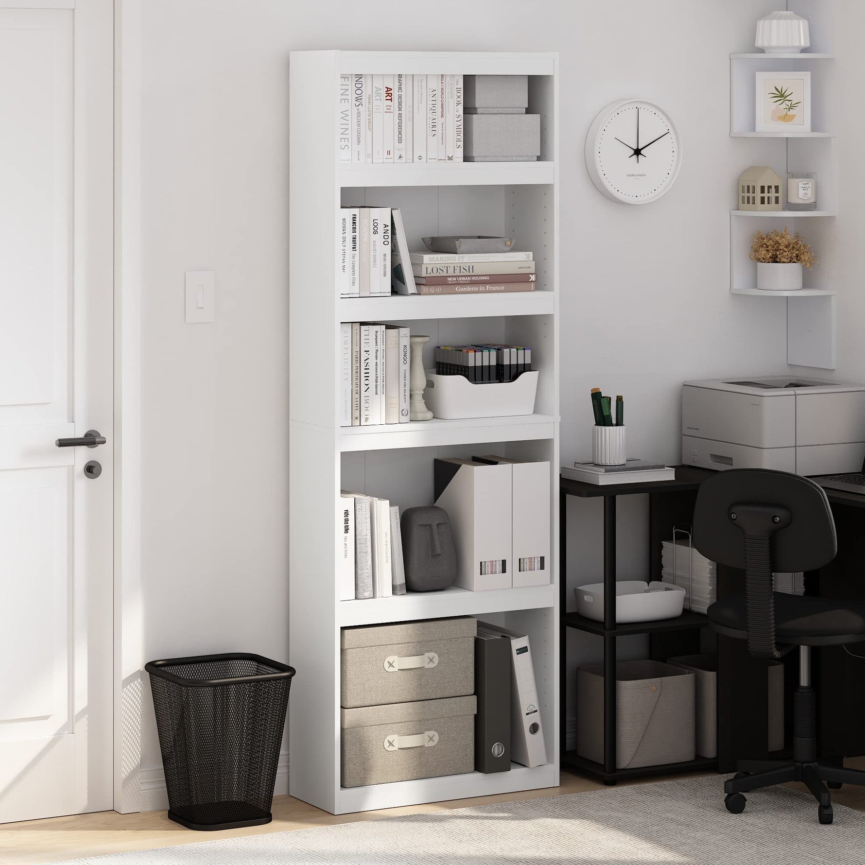 Furinno Jaya Book Shelf, 5-Tier Bookshelf, Bookcase with Adjustable Shelves, 9.5 x 24.5 x 71.2, for Organization and Storage, for Living Room, Bedroom, Home Office, Blackwood