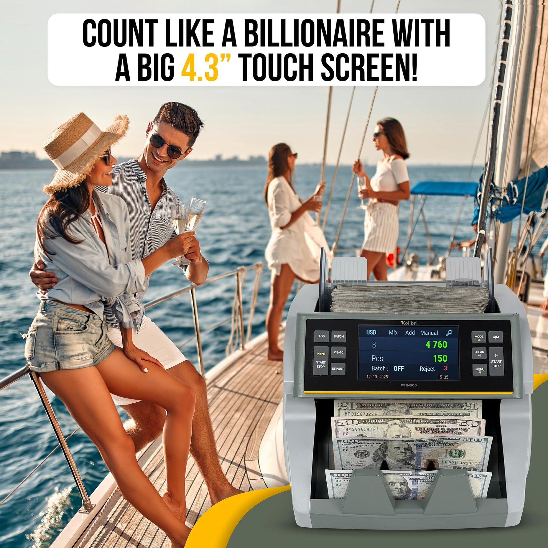 KOLIBRI Money Counter Machine I LCD Display I Business Grade I Advanced IR/UV/MG/MT/DD/HLF Detection I Mixed Denomination (USD) I 1,200 Notes/Min I 3-Year Warranty I KBR-1500 V2