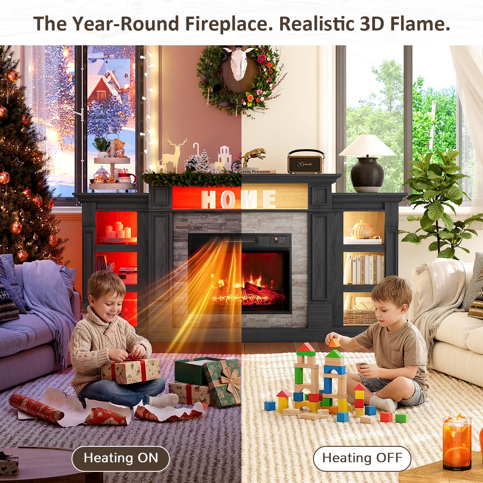 Naice 72" Electric Fireplace with Mantel and Cabinets, Fireplace TV Stand for Living Room Bedroom, Stacked Stone Surround and Remote Control 3D Realistic Flame, Black