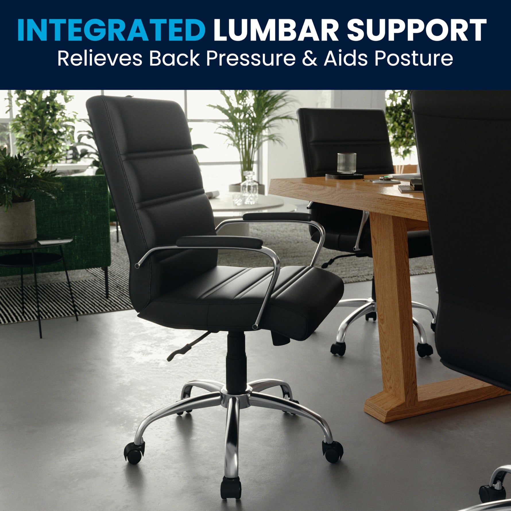 Flash Furniture Whitney Mid-Back Swivel LeatherSoft Desk Chair with Wheels, Padded Seat and Armrests, Adjustable Height Padded Office Chair, Black