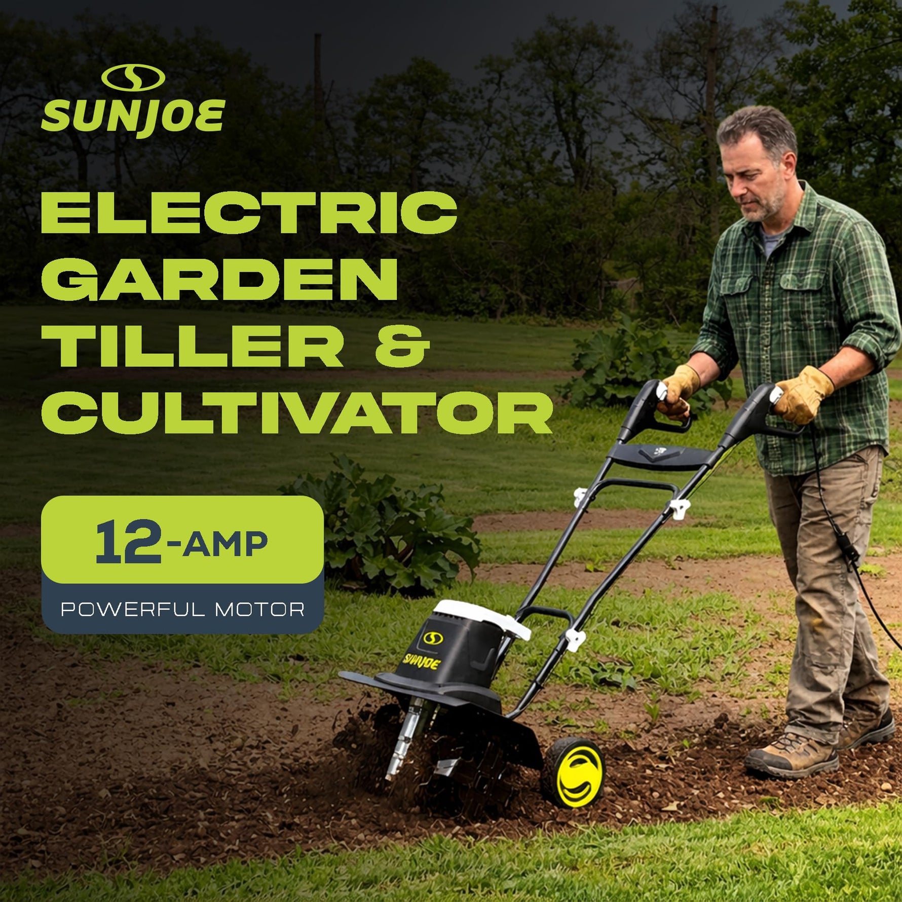 Sun Joe Corded Electric Garden Tiller & Cultivator with Steel Tines, 16 Inch, 12-Amp Motor - Heavy-Duty Tilling Machine for Lawn, Yard, and Gardening Care, TJ603E