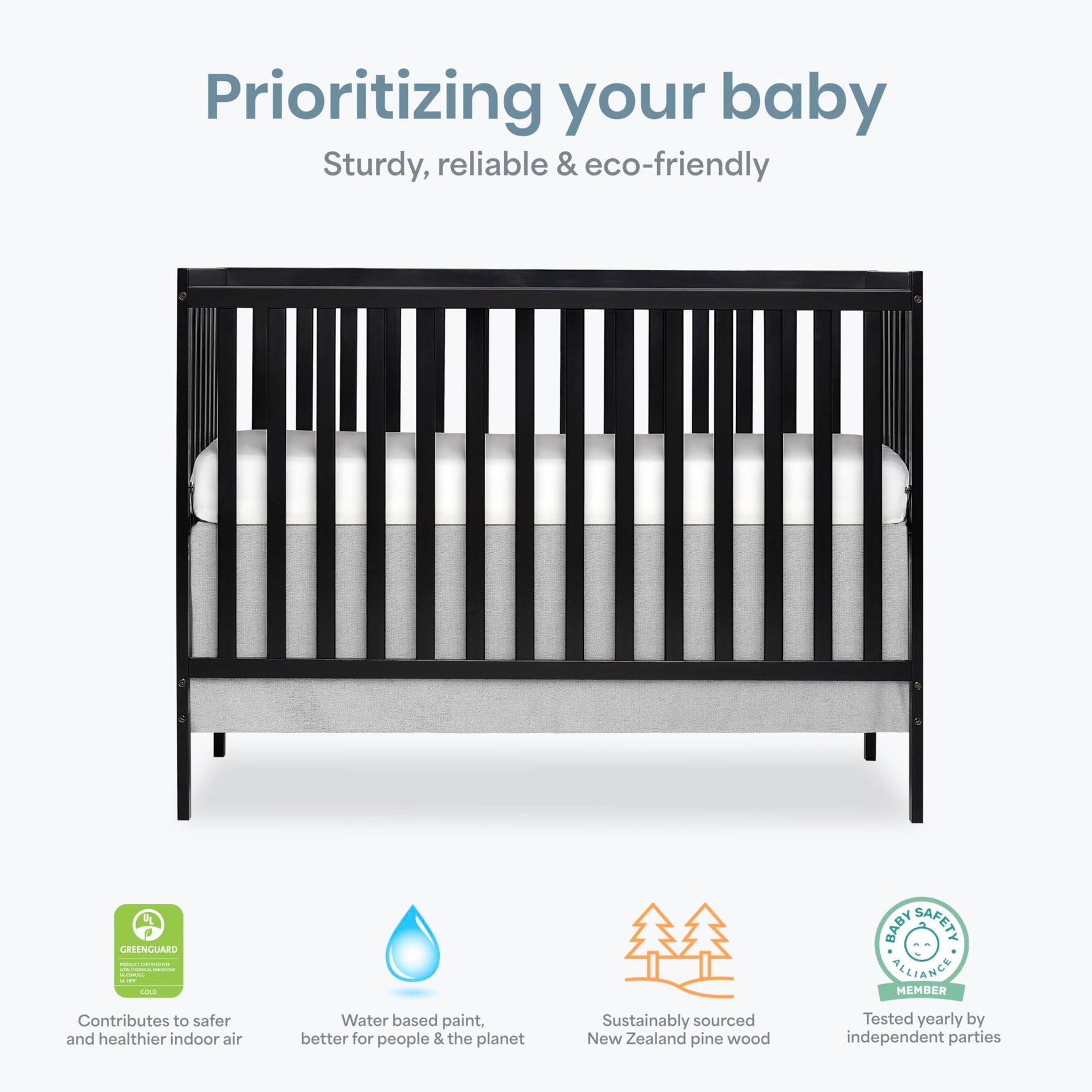 Dream On Me Synergy 5-in-1 Convertible Full-Size Baby Crib with Toddler, Day & Full Bed Conversion in White, GreenGuard Gold & BSA, 3 Mattress Heights, Sustainable Pinewood