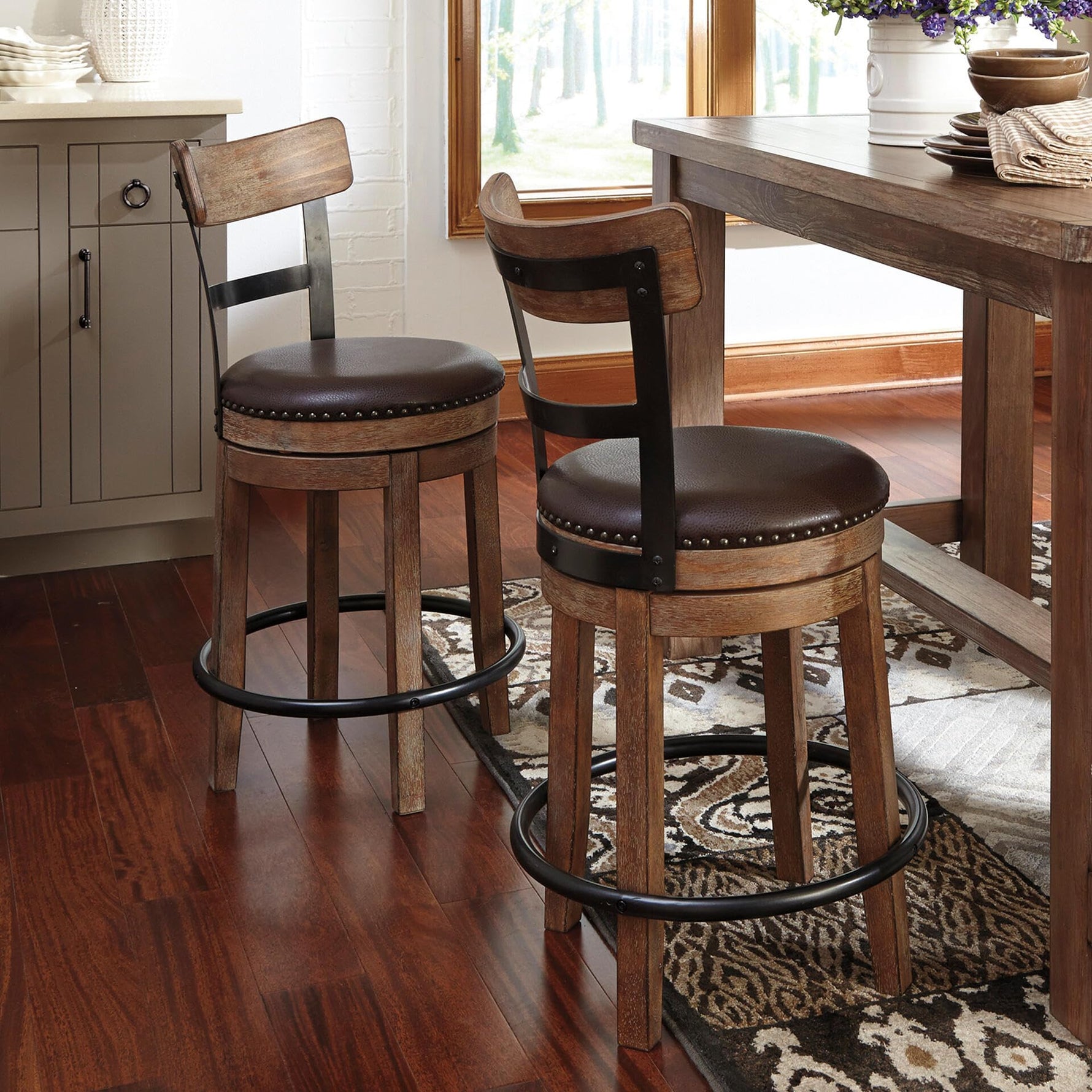 Signature Design by Ashley Valebeck Upholstered Swivel Stool, Cushioned Seat, Woven Fabric Upholstery, Wood, 24" H, Brown & Black