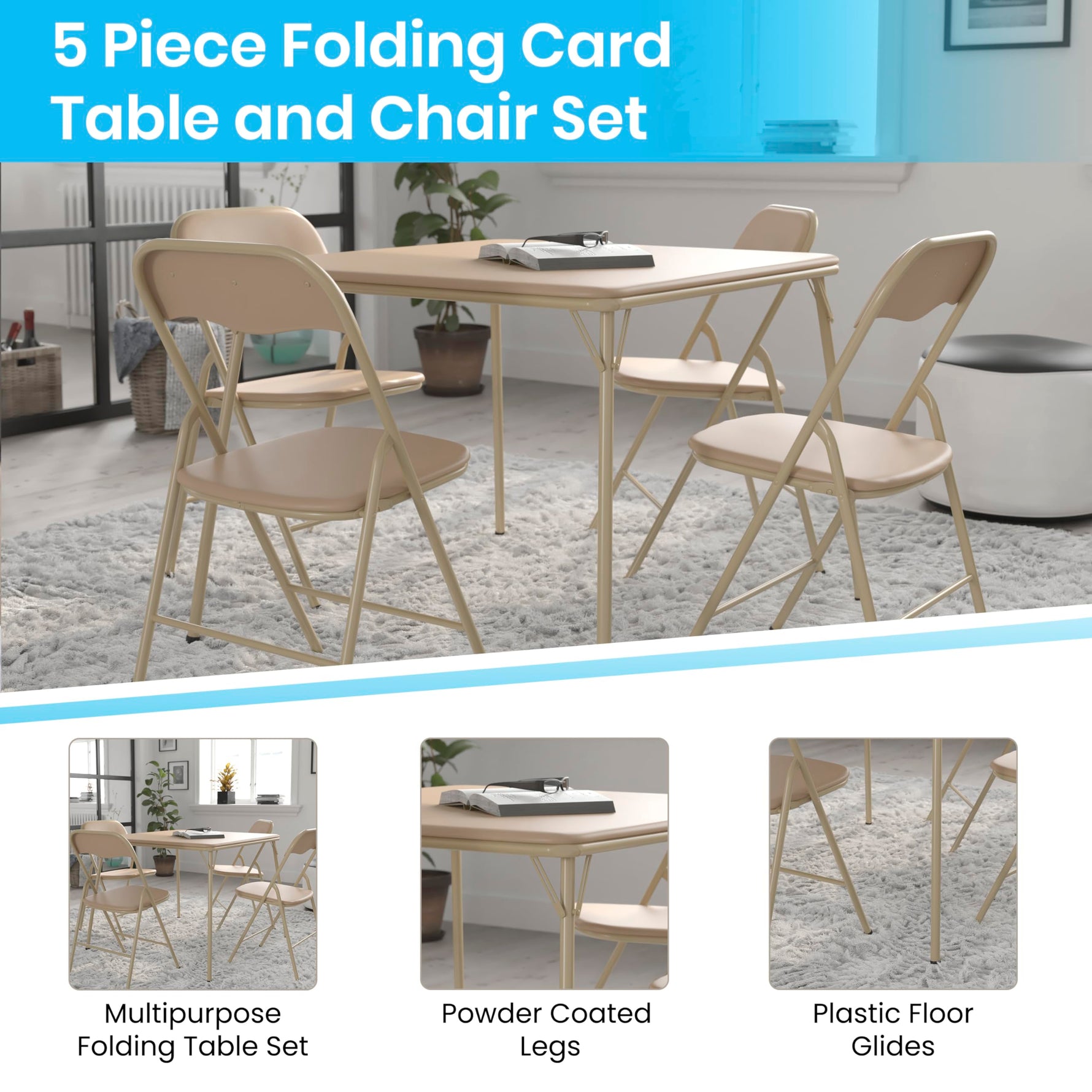 Flash Furniture Madelyn 33.5" Square Folding Multipurpose Card Table with Padded Vinyl Top, Portable Folding Game Table for 4 Players, Black