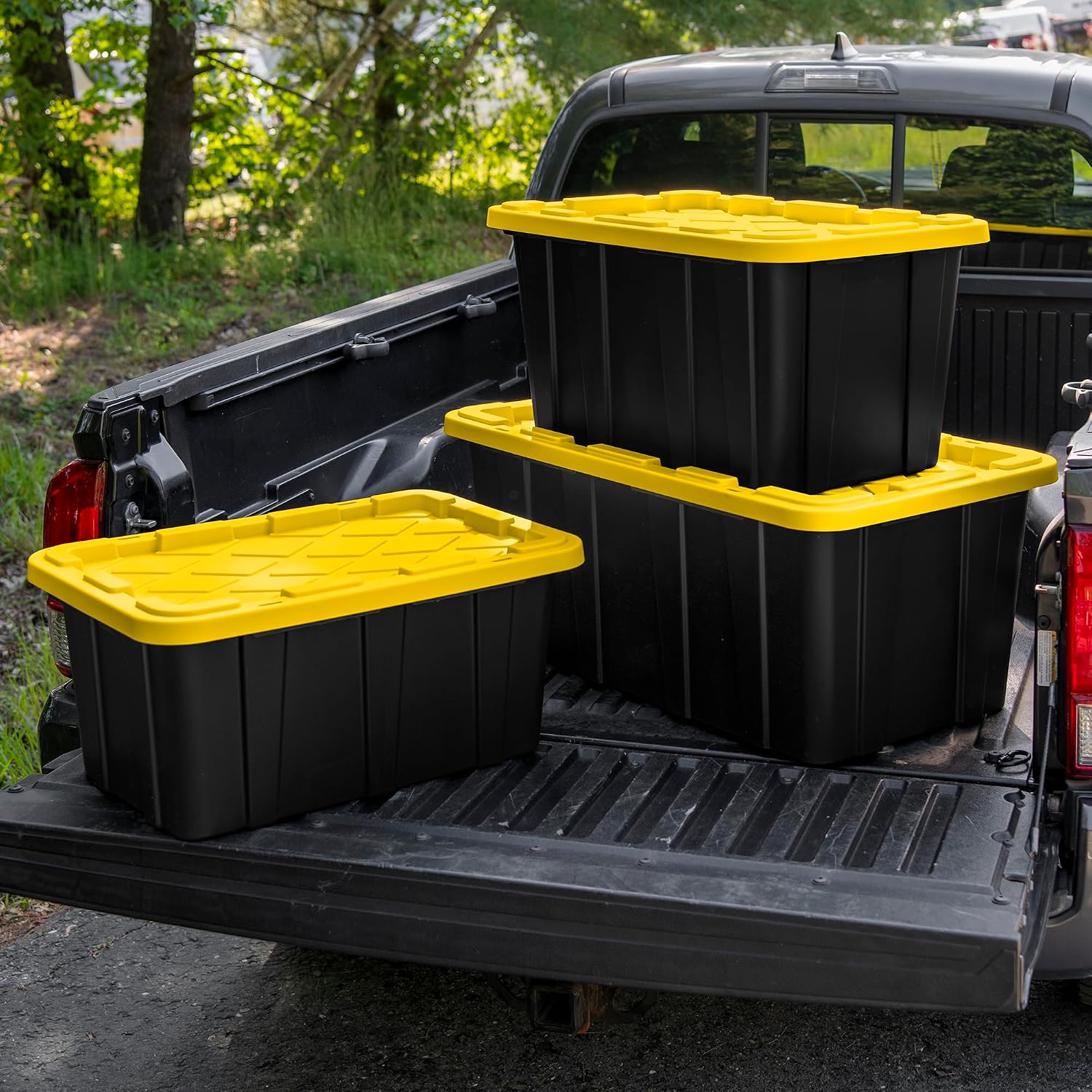 Sterilite Industrial Storage Tote with Lids for Garage, 27 Gallon, 4-Pack | Heavy-Duty and Stackable Utility Box Containers for Home, Office, and Basement Organization, Black/Yellow