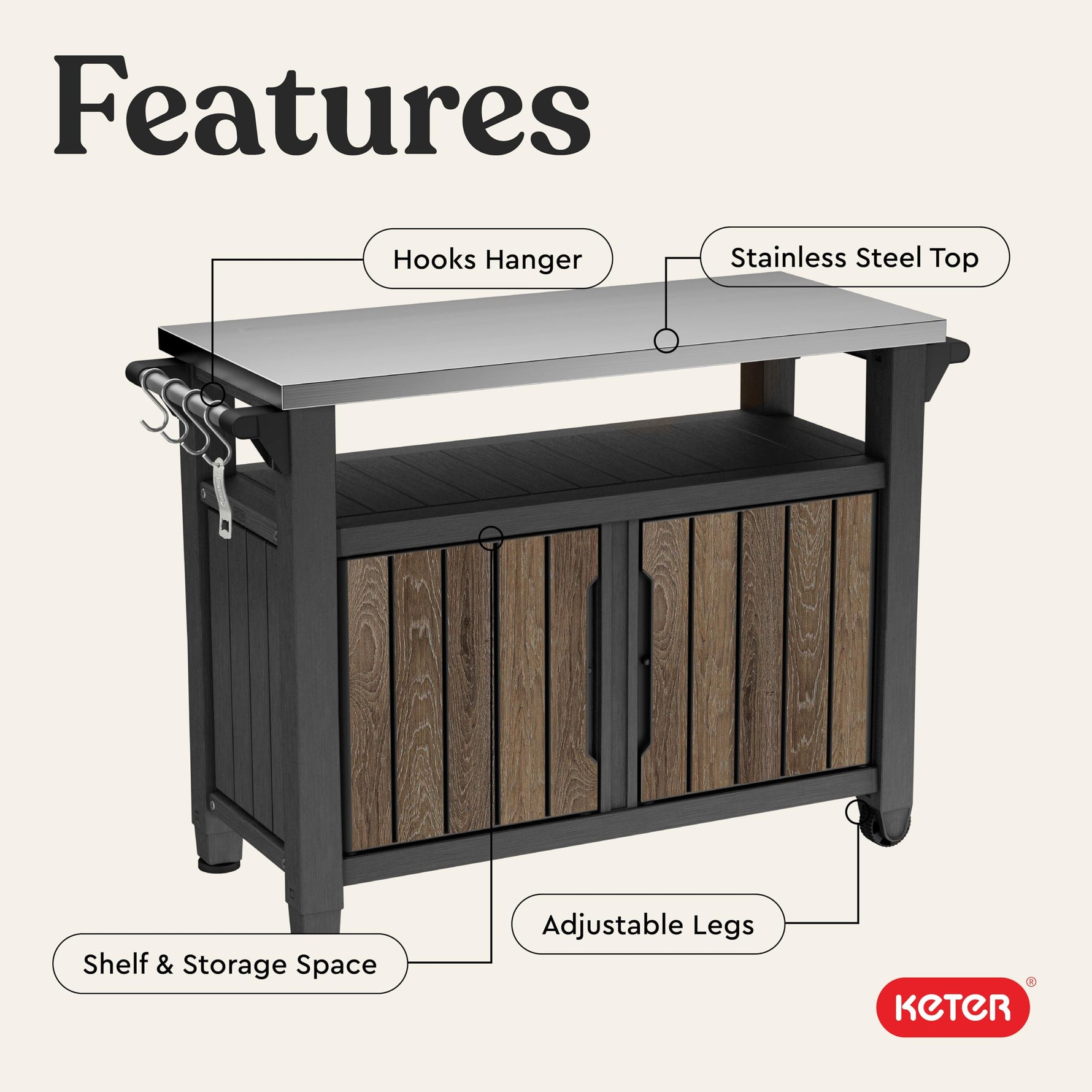 Keter Unity XL Portable Outdoor Table with Stainless Steel Top for Kitchen Prep and Outdoor Storage Cabinet for Grilling Accessories, Dark Grey