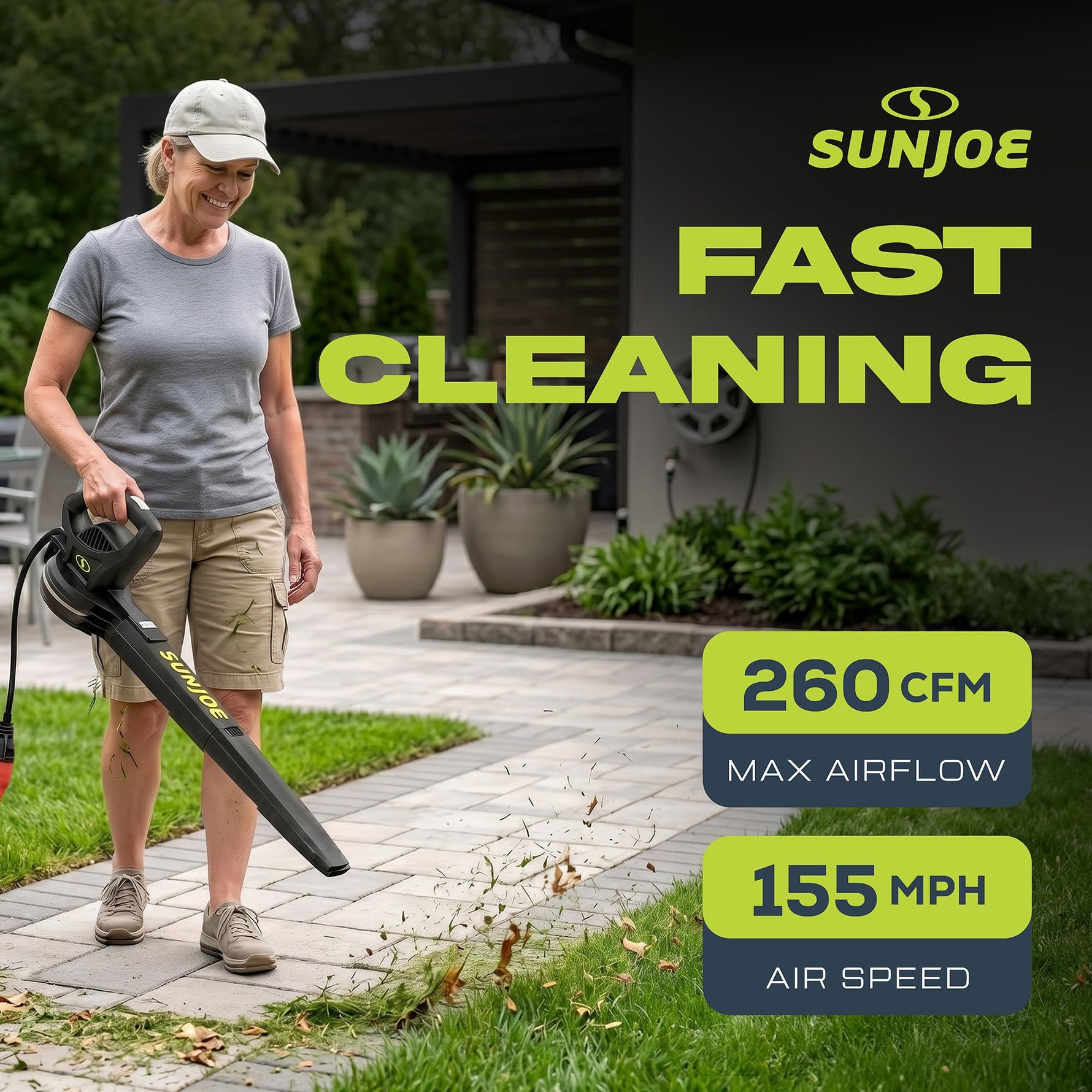 Sun Joe SBJ597E All-Purpose Electric Leaf Blower, 6-Amp Motor, 155 MPH, 260 CFM, Black - Lightweight & Compact, One-Hand Operation for Yards, Porches, Patios, Walkways, Decks, Garage & Light Snow