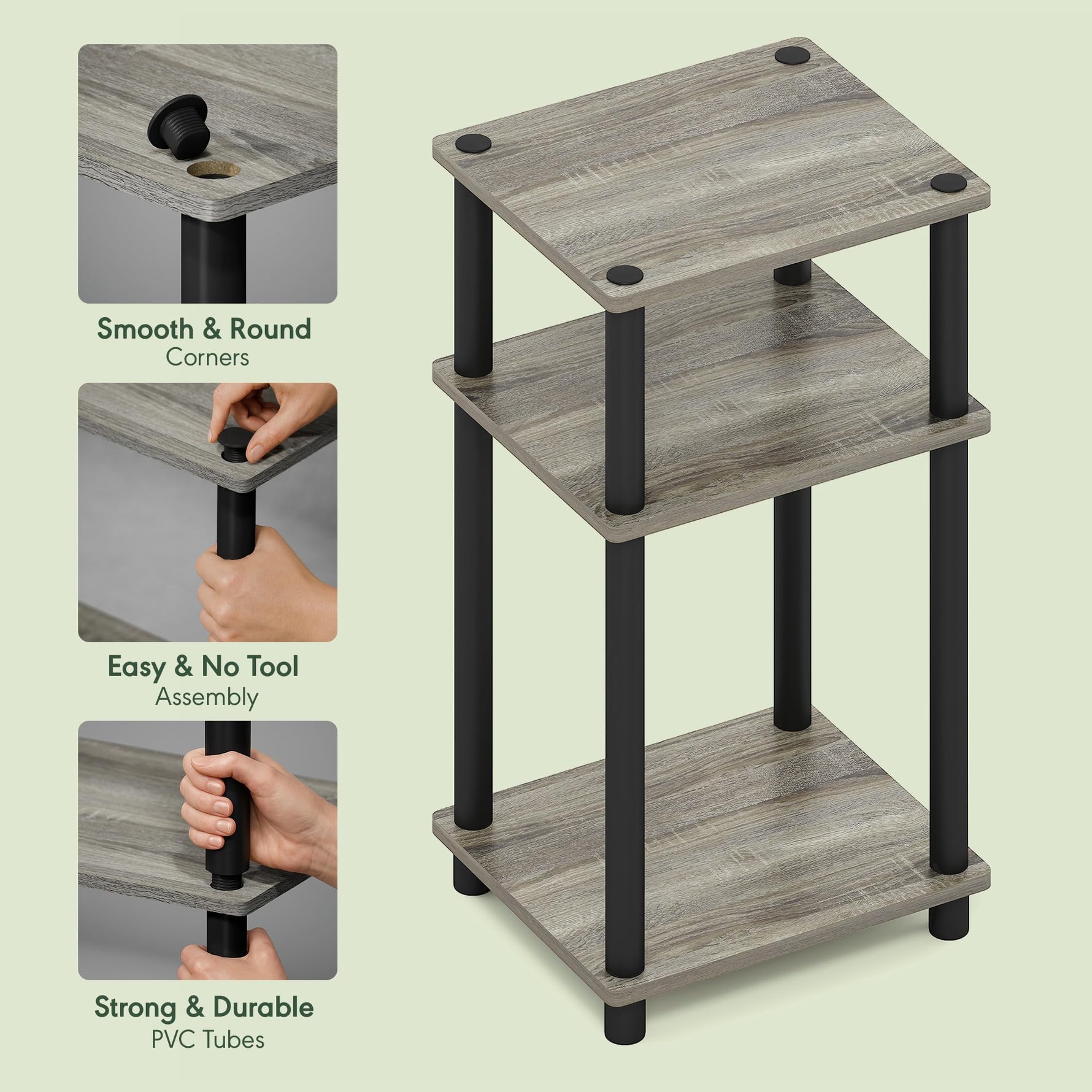 Furinno JUST Side Table, 3-Tier End Table, Open Shelves Night Stand, Bedside Table, Toolless Assembly, for Living Room, Bedroom, Bathroom, Columbia Walnut