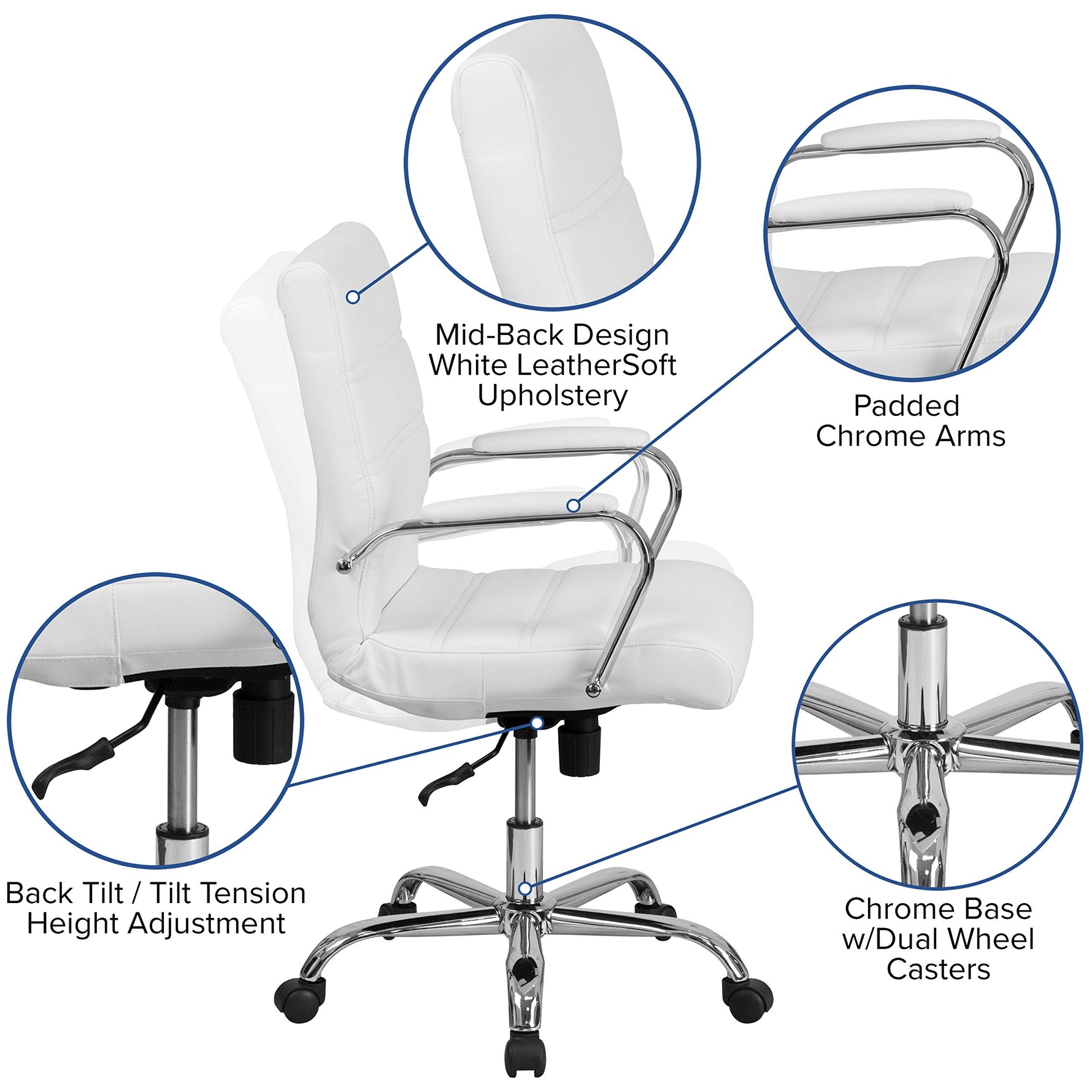 Flash Furniture Whitney Mid-Back Swivel LeatherSoft Desk Chair with Wheels, Padded Seat and Armrests, Adjustable Height Padded Office Chair, Black
