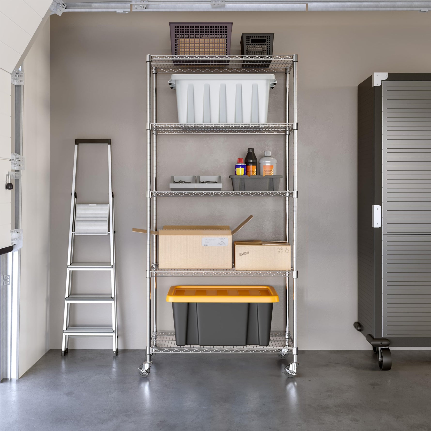 UltraDurable 5-Tier NSF Steel Wire Shelving, 48"W x 24"D x 76"H, Black | Heavy-duty commercial-grade solid steel wire storage rack featuring 800 pounds per shelf weight capacity