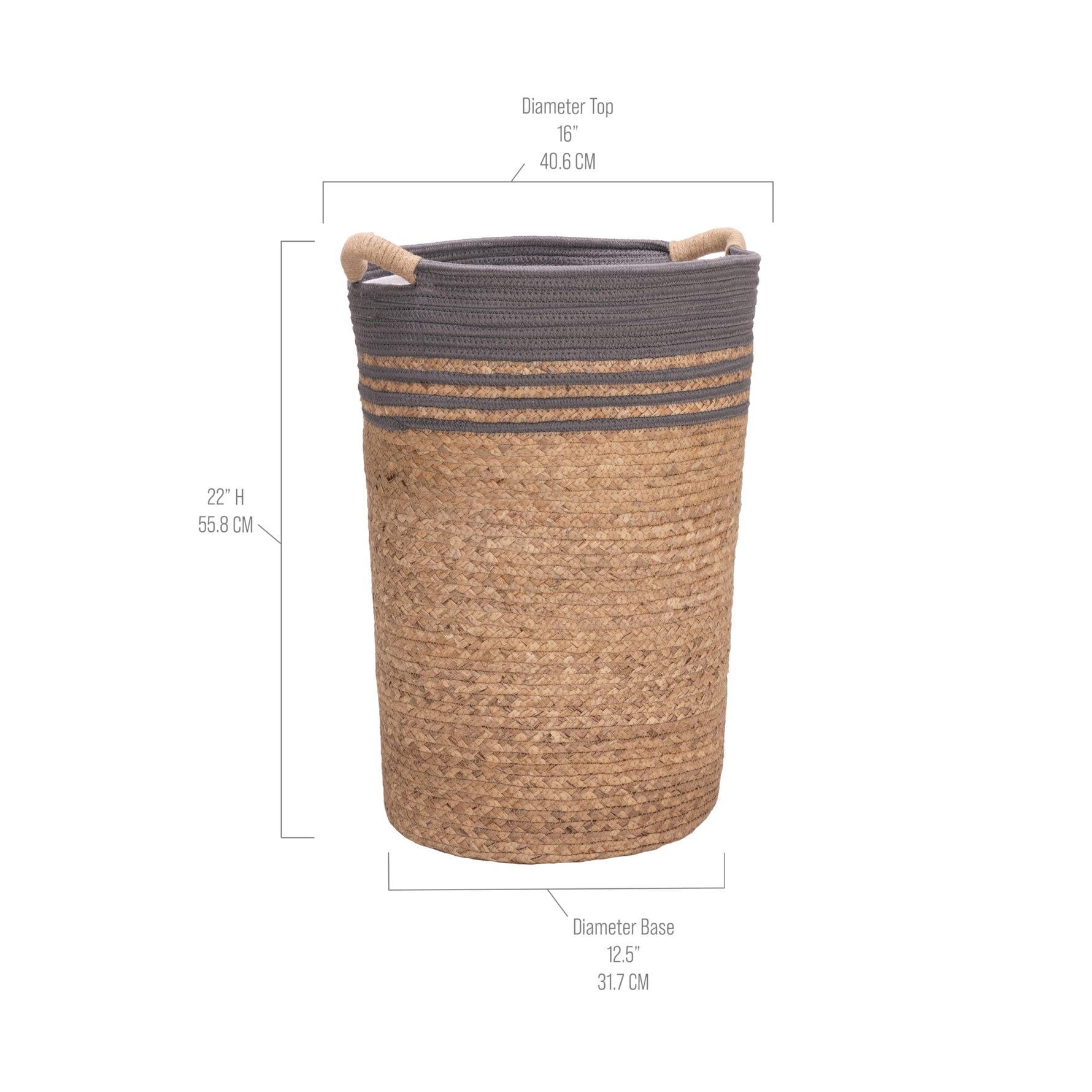 Seville Classics Premium Natural Handwoven Portable Laundry Bin Basket with Carrying Handles, Household Storage for Clothes, Linens, Sheets, Natural Water Hyacinth and Gray Rope, 3 Piece Set