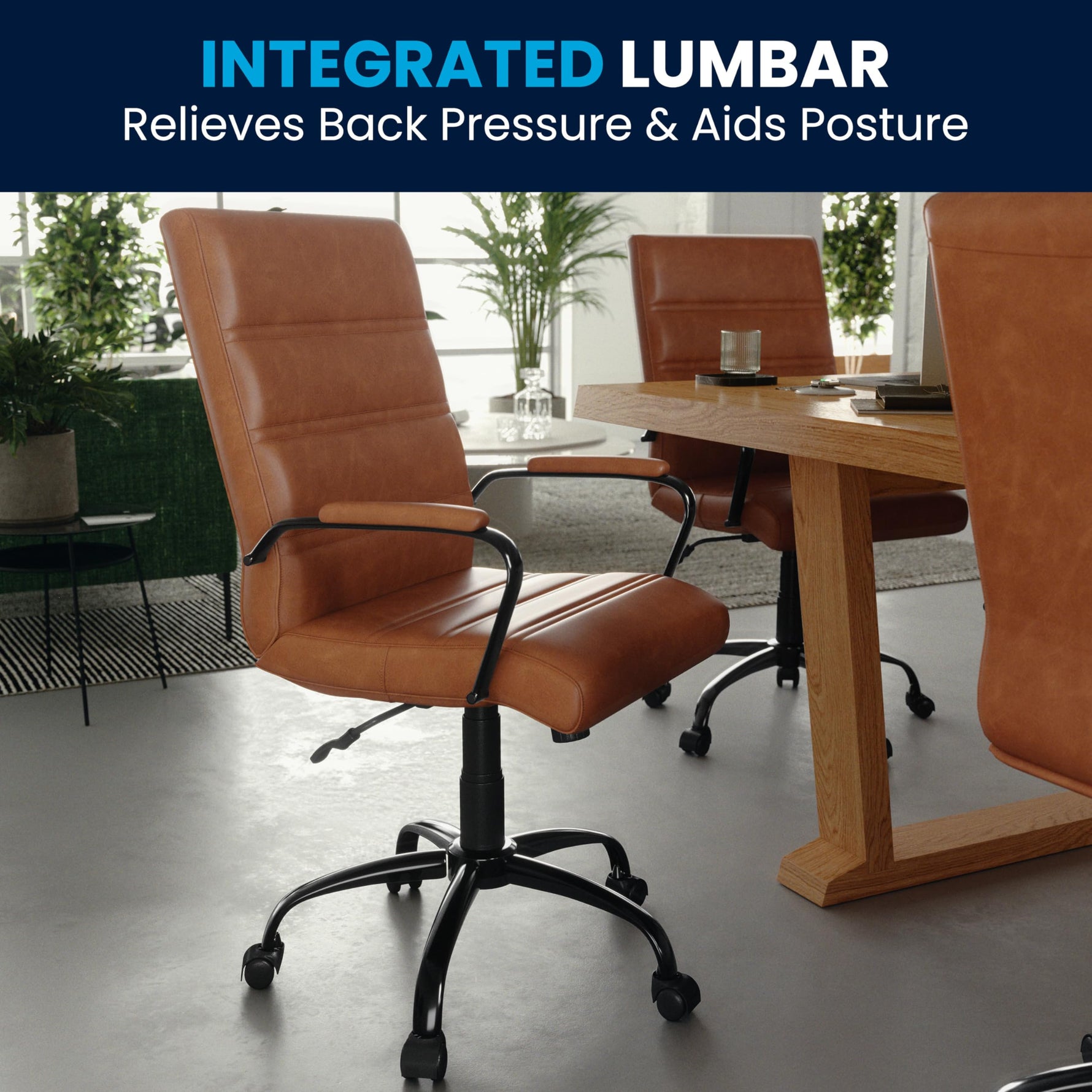 Flash Furniture Whitney Mid-Back Swivel LeatherSoft Desk Chair with Wheels, Padded Seat and Armrests, Adjustable Height Padded Office Chair, Black
