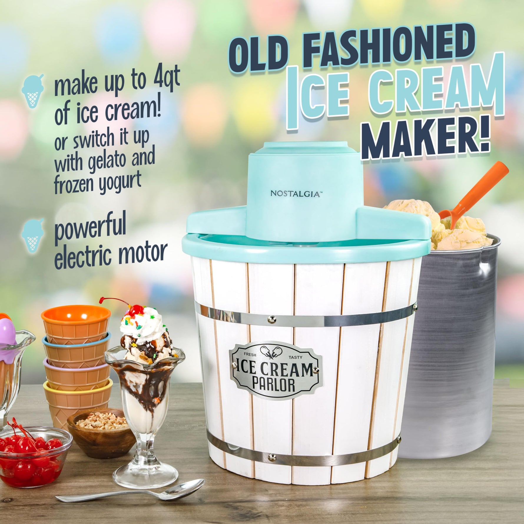 Nostalgia Electric Ice Cream Maker - Old Fashioned Soft Serve Ice Cream Machine Makes Frozen Yogurt or Gelato in Minutes - Fun Kitchen Appliance - Vintage Wooden Style - Dark Wood - 4 Quart