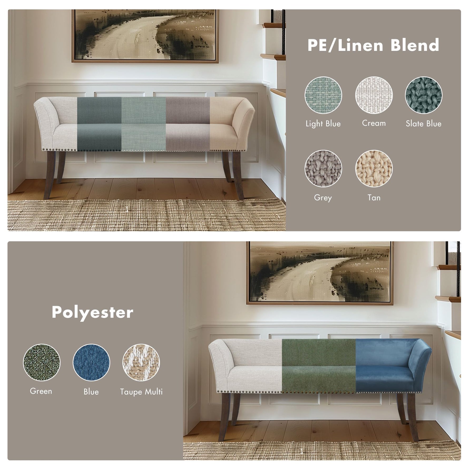 Madison Park Accent Bench, Upholstered with Nailhead Trim, & Padded Seat Entryway Bench Small, End of Bed Bench with Back, 49.5" W x 19.25" D x 23" H, Grey