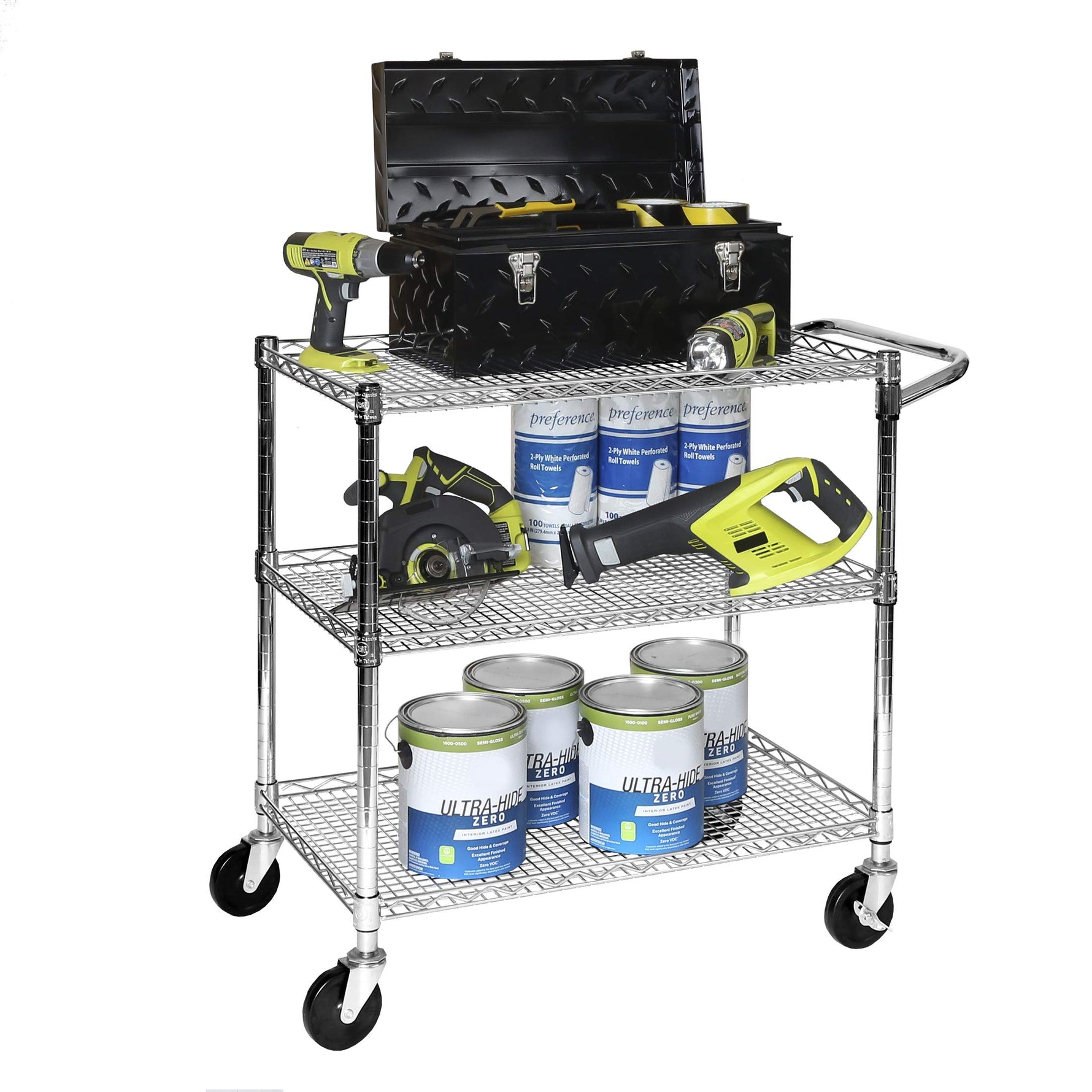 Seville Classics UltraDurable NSF Commercial Heavy Duty Metal Rolling Utility Cart, w/ Steel Shelves, Handle Bar for Restaurant, Garage, Warehouse, Kitchen, Office, Top Shelf (36"W x 18"D)