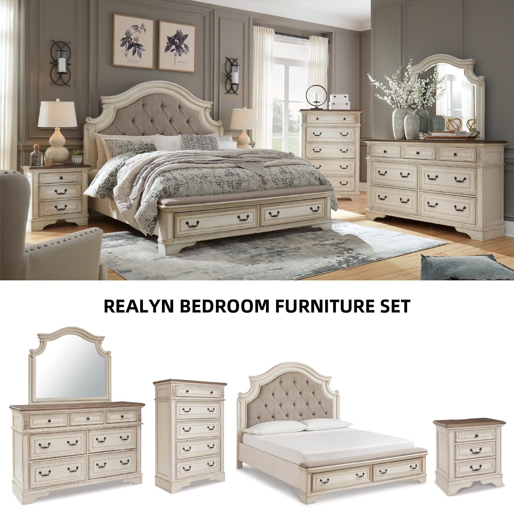 Signature Design by Ashley Realyn Traditional Cottage 1 Drawer Nightstand with Dovetail Construction & Open Display Shelf, Chipped White, 27" Tall, Distressed Brown