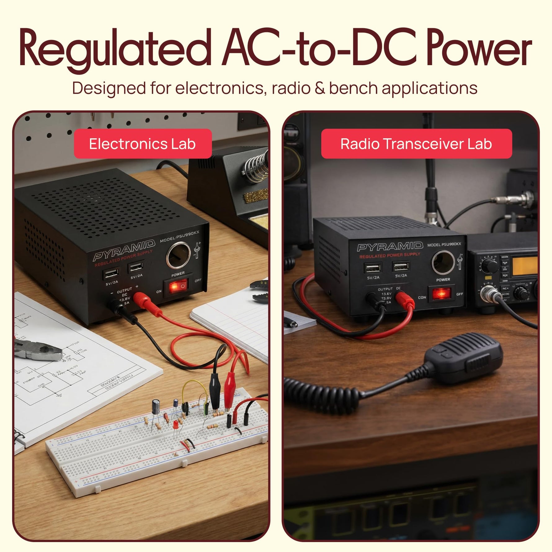 Universal Compact Bench Power Supply - 7 Amp Regulated Home Lab Benchtop AC-Dc Converter Power Supply for CB Radio, HAM W/ 13.8 Volt Dc 120V AC Supply, Dual USB, Cigarette Lighter - Pyramid PSU990KX