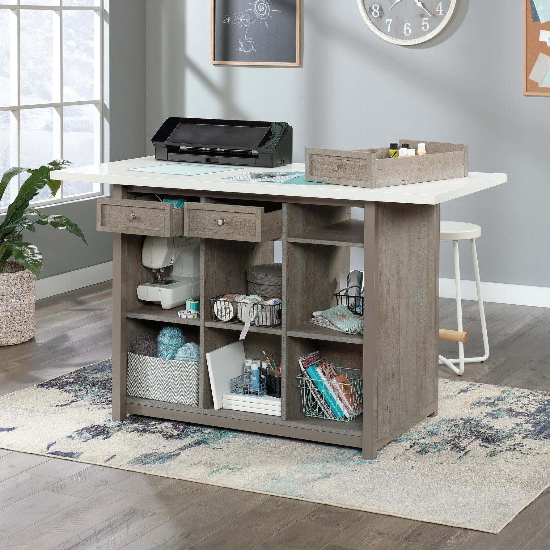 Sauder Craft Pro Series Durable Craft Work Table with Storage/Pantry cabinets, Mystic Oak Finish