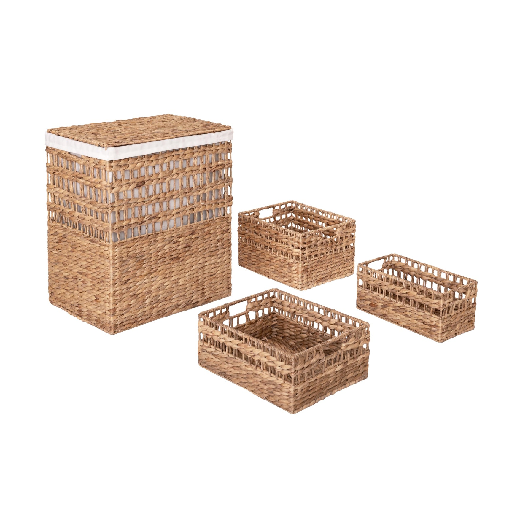 Seville Classics Premium Natural Handwoven Portable Laundry Bin Basket with Carrying Handles, Household Storage for Clothes, Linens, Sheets, Natural Water Hyacinth and Gray Rope, 3 Piece Set