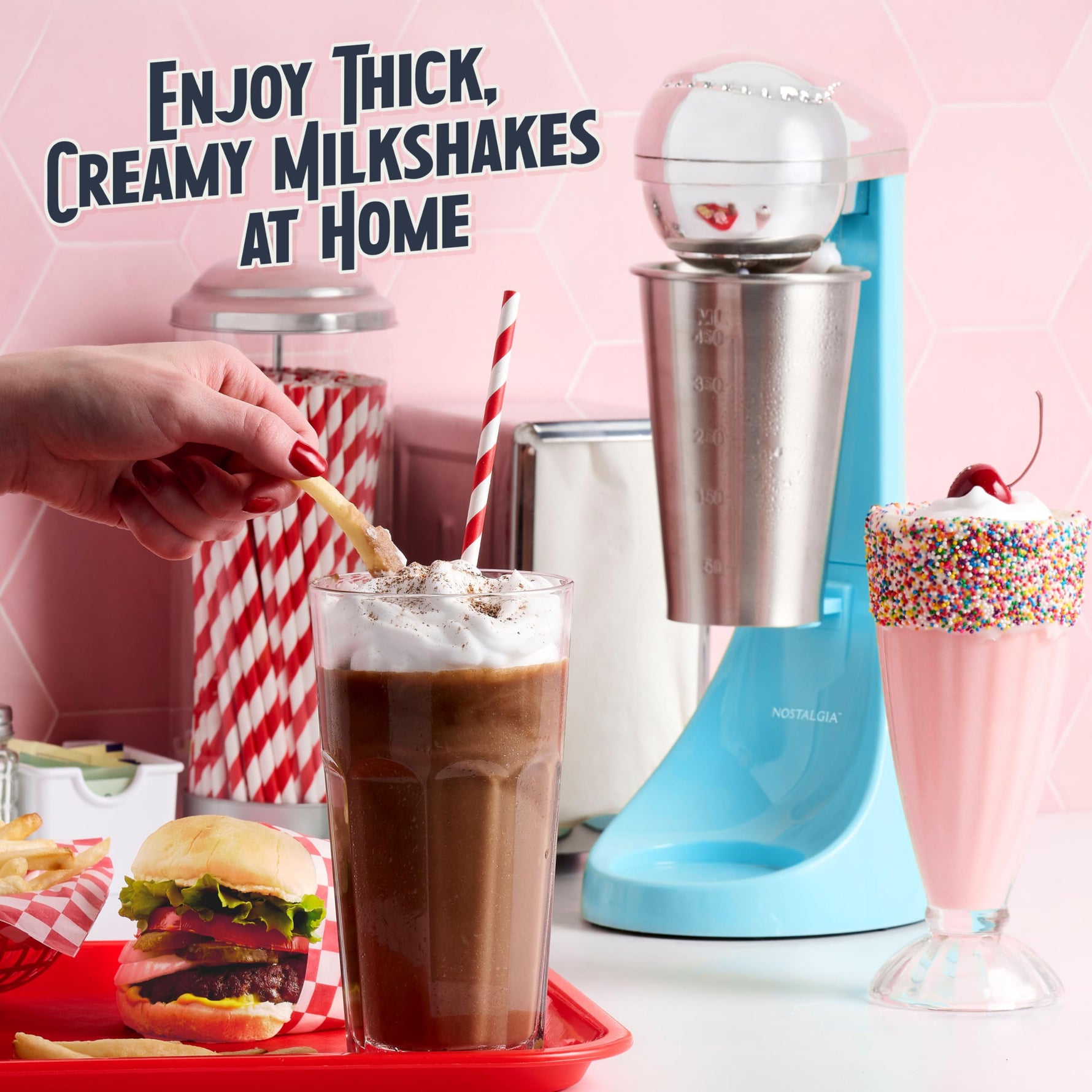 Nostalgia Two-Speed Electric Milkshake Maker and Drink Mixer, Includes 16-Ounce Stainless Steel Mixing Cup & Rod, Blue