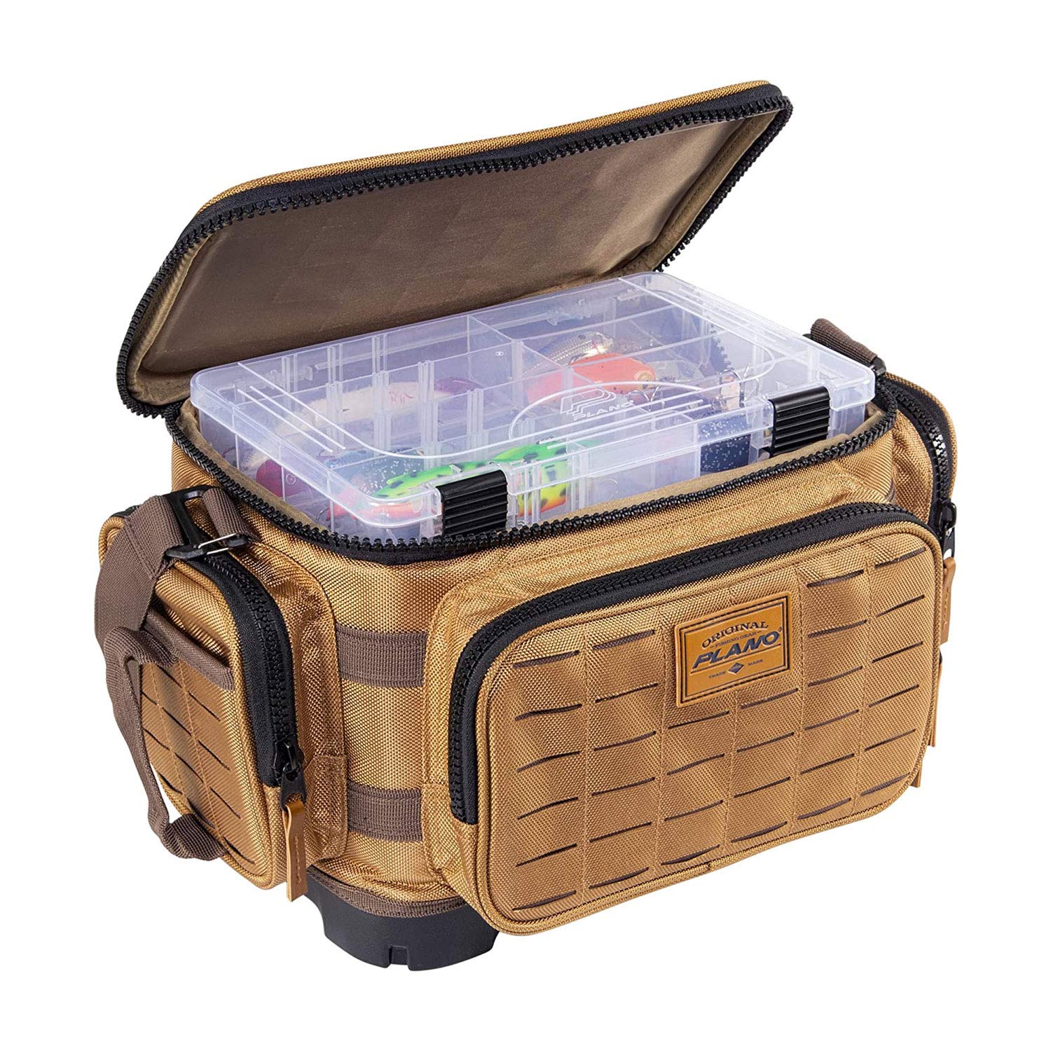 Plano Guide Series 3600 Tackle Bag, Medium, Beige 1680 Denier Fabric with Waterproof Base, Includes 5 Stowaway Utility Boxes, Premium Fishing Storage for Baits & Lures