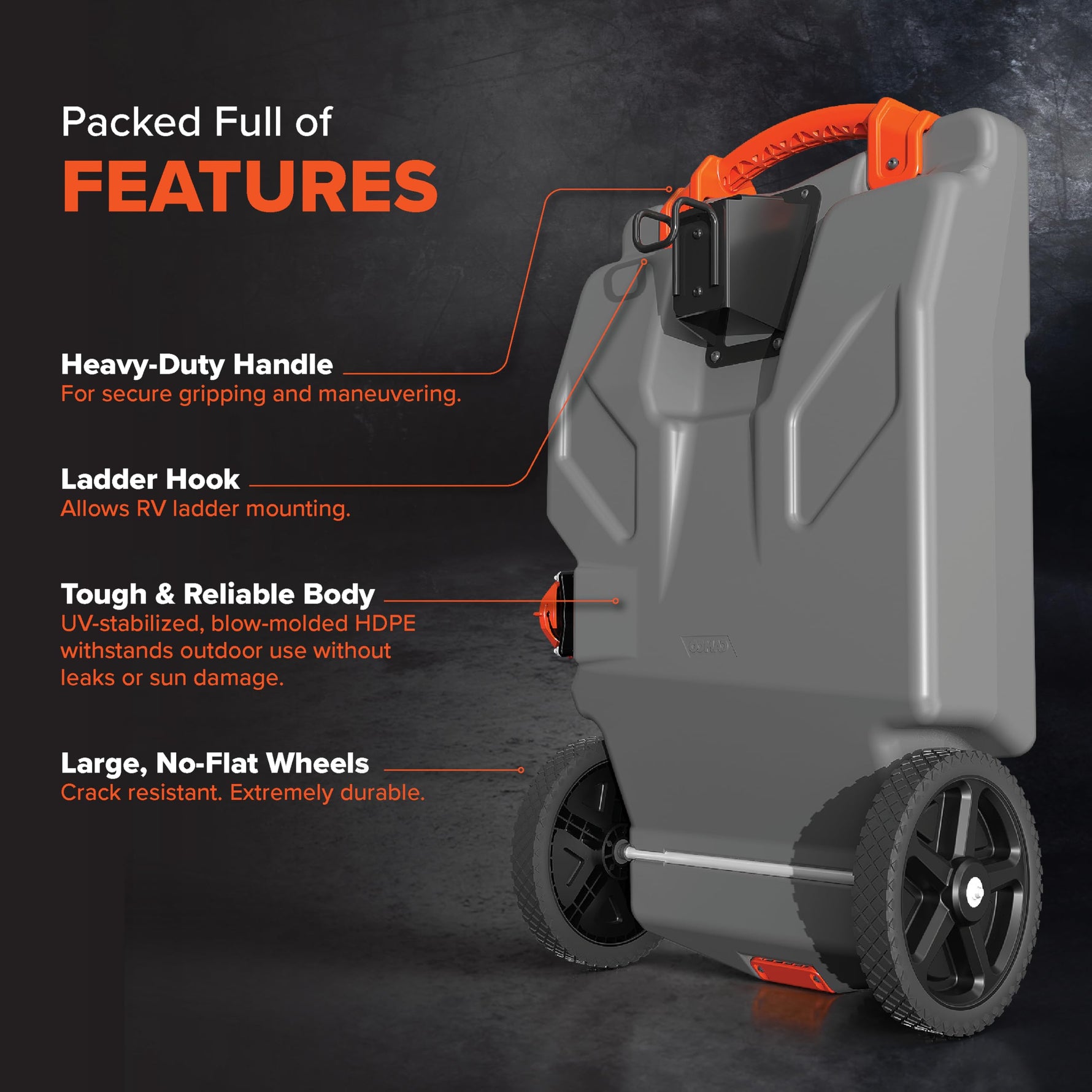 Camco Rhino 36-Gallon RV Tote Tank - Features Large Heavy-Duty No-Flat Wheels & Built-in Gate Valve - Removable Steel Tow Adapter, 3’ Sewer Hose & More RV Accessories (39006)