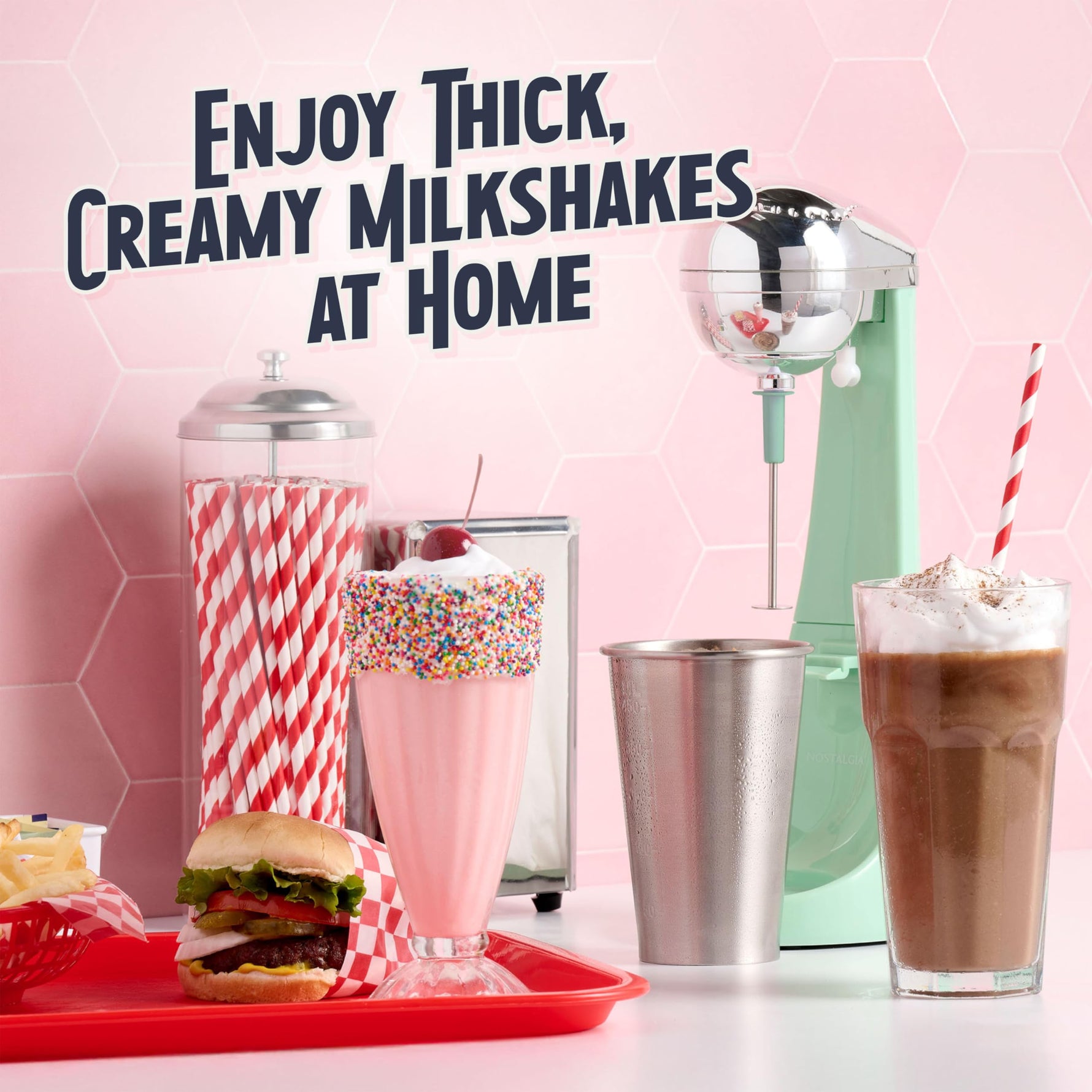 Nostalgia Two-Speed Electric Milkshake Maker and Drink Mixer, Includes 16-Ounce Stainless Steel Mixing Cup & Rod, Jade Green